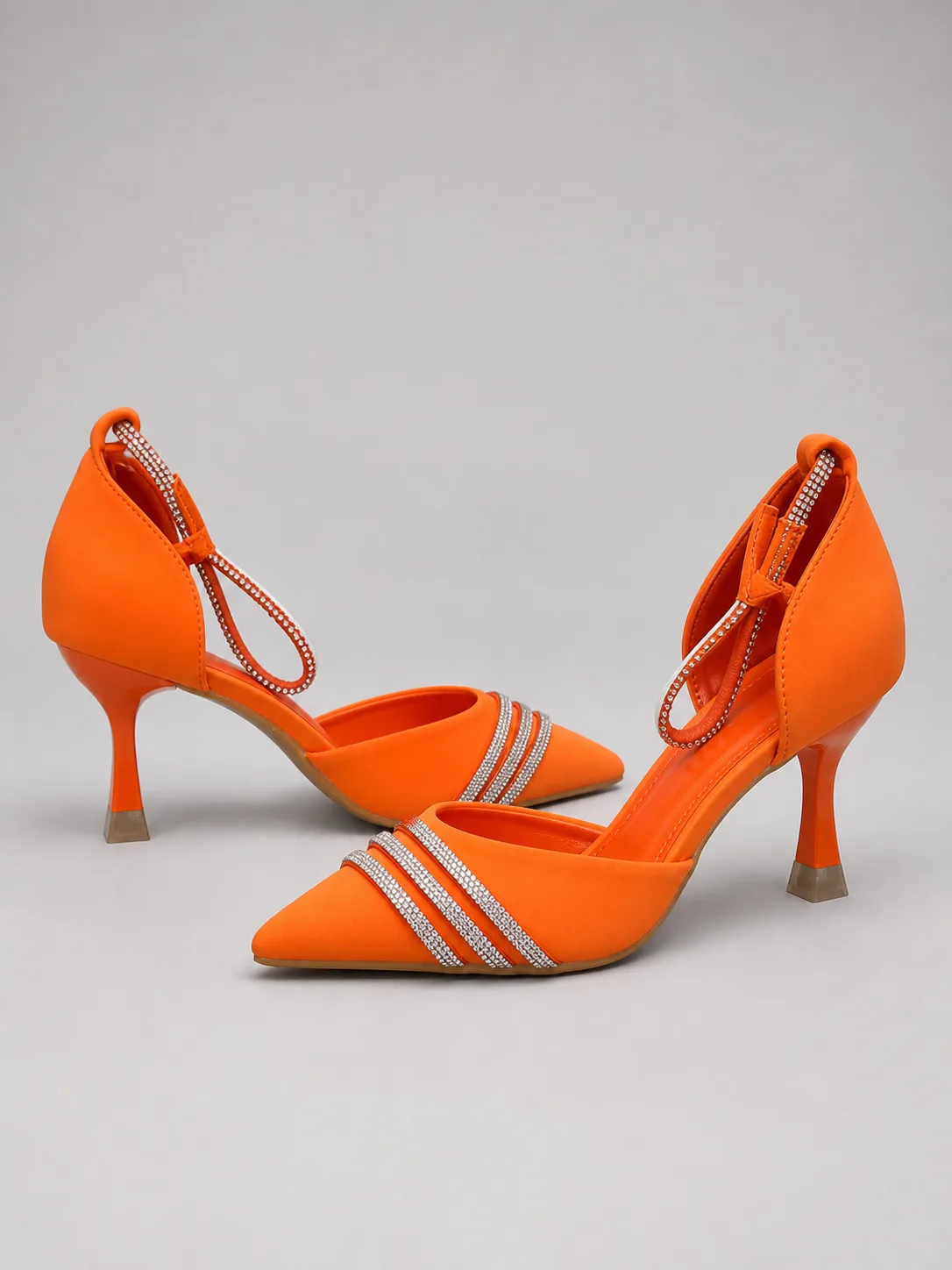 ORANGE SATIN RHINESTONE STRIPE HEELS PRODUCT157B