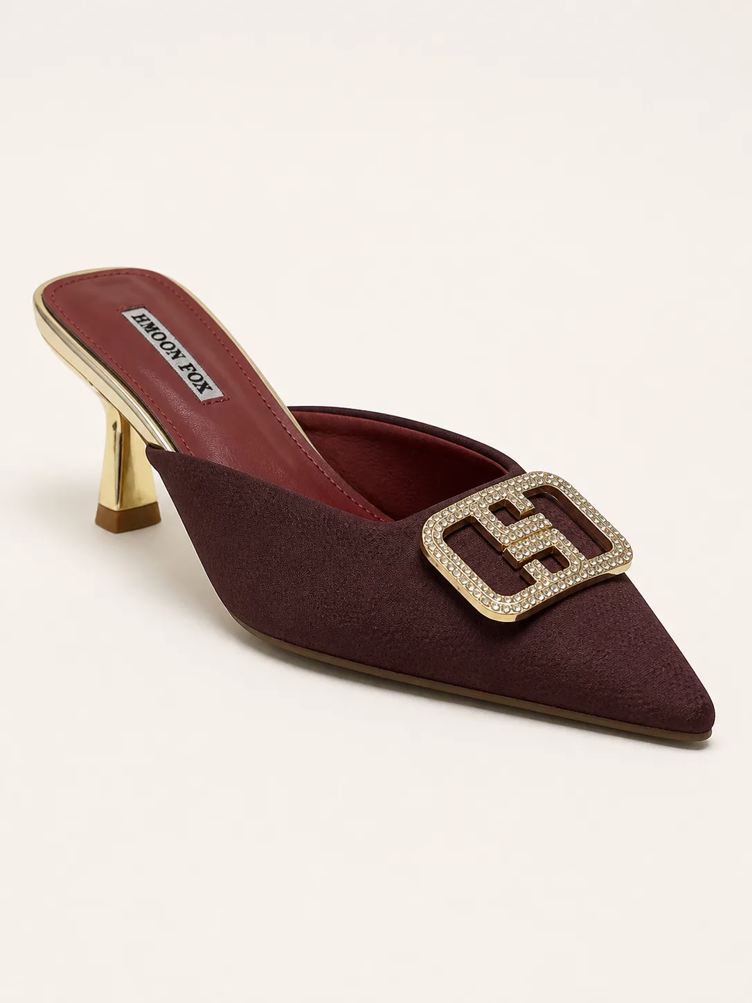 MAROON SATIN GOLD CRYSTAL BUCKLE KITTEN MULES PRODUCT36 — photo 1