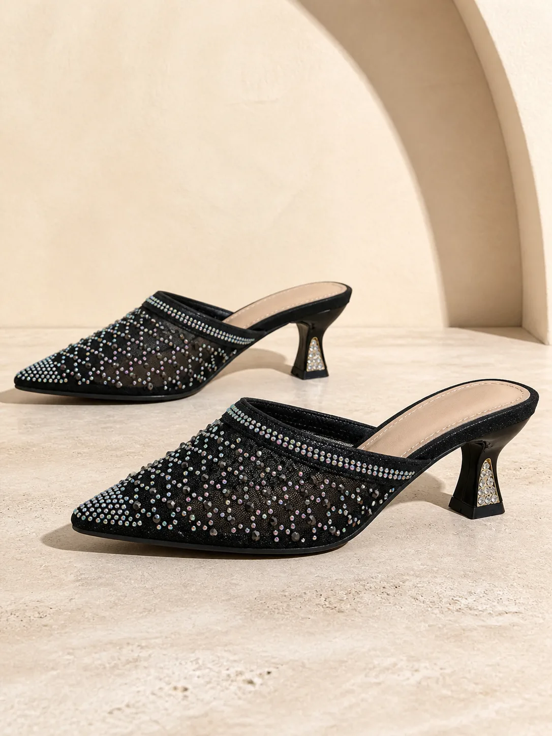 BLACK MESH CRYSTAL POINTED KITTEN MULES PRODUCT277
