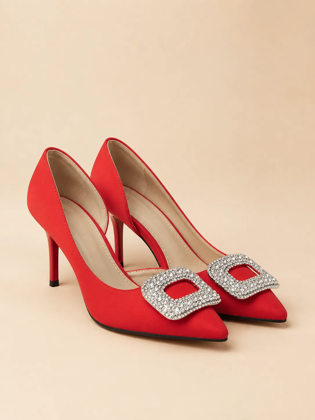 RED SATIN CRYSTAL BUCKLE STILETTO PUMPS PRODUCT62