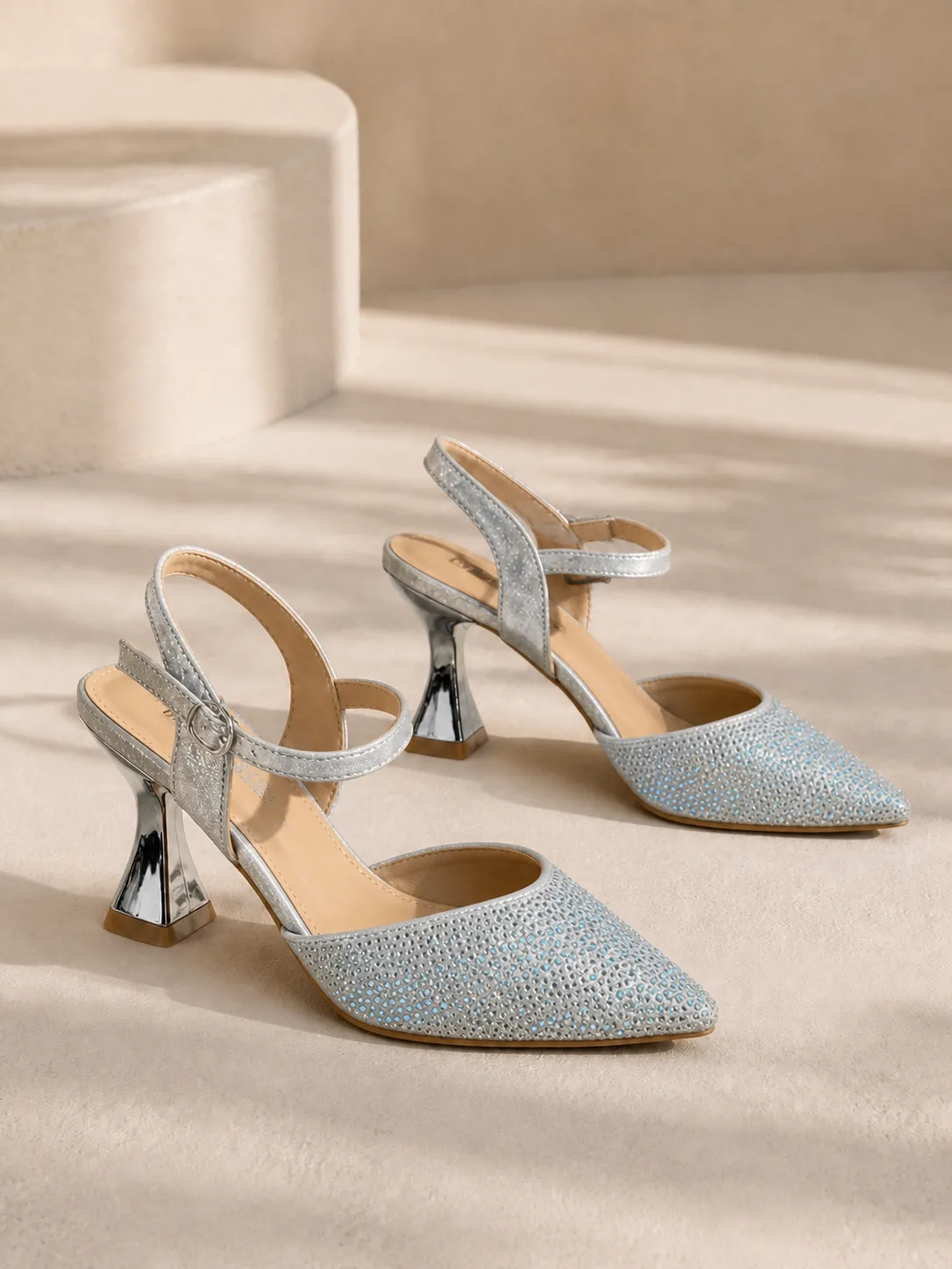 SILVER BLUE CRYSTAL SLINGBACK FLARED HEELS PRODUCT212