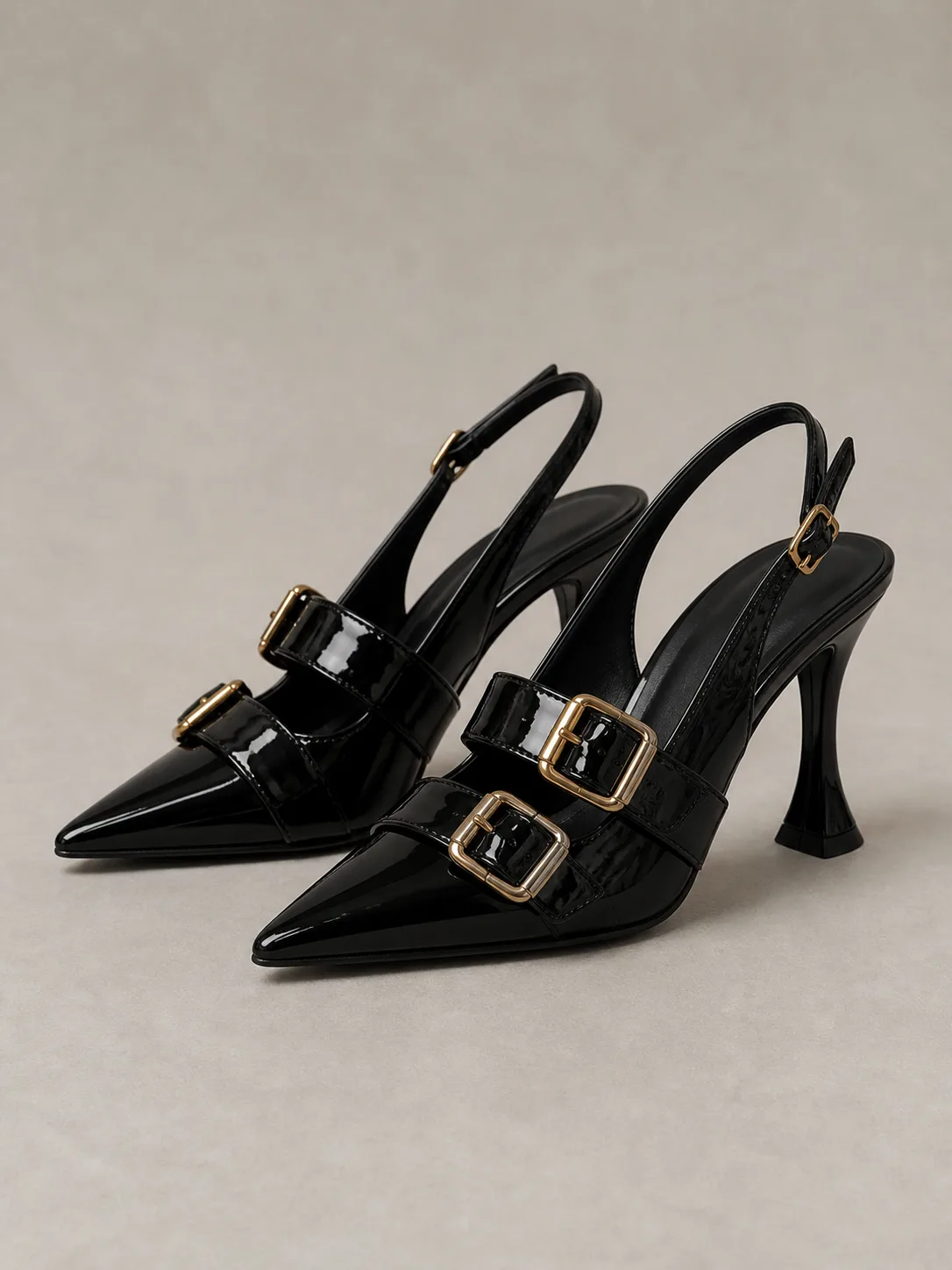 BLACK PATENT GOLD BUCKLE STRAP SLINGBACKS PRODUCT87