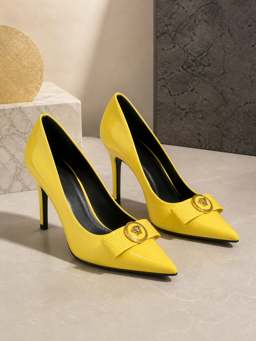 YELLOW PATENT MEDALLION BUCKLE STILETTOS PRODUCT166