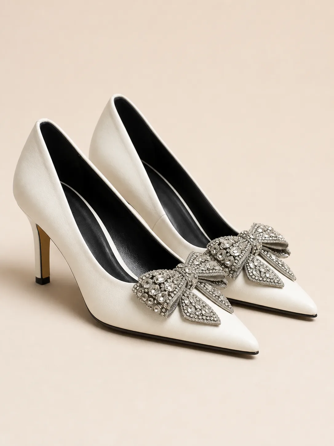 IVORY SATIN CRYSTAL BOW STILETTO PUMPS PRODUCT60