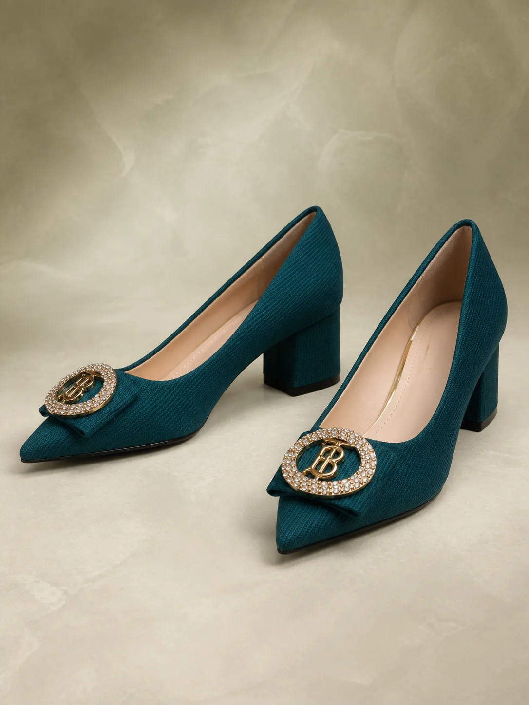 TEAL CRYSTAL MEDALLION BLOCK HEEL PUMPS PRODUCT140