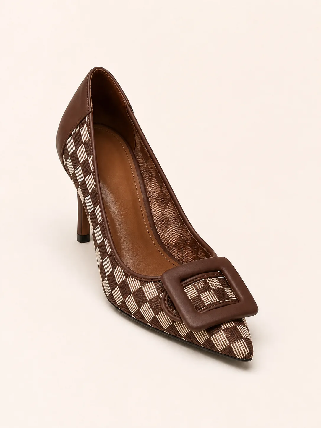 BROWN CHECK BUCKLE STILETTO PUMPS PRODUCT126