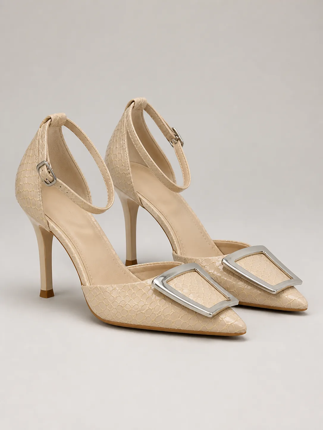 NUDE TEXTURED SILVER BUCKLE ANKLE STRAP HEELS PRODUCT29