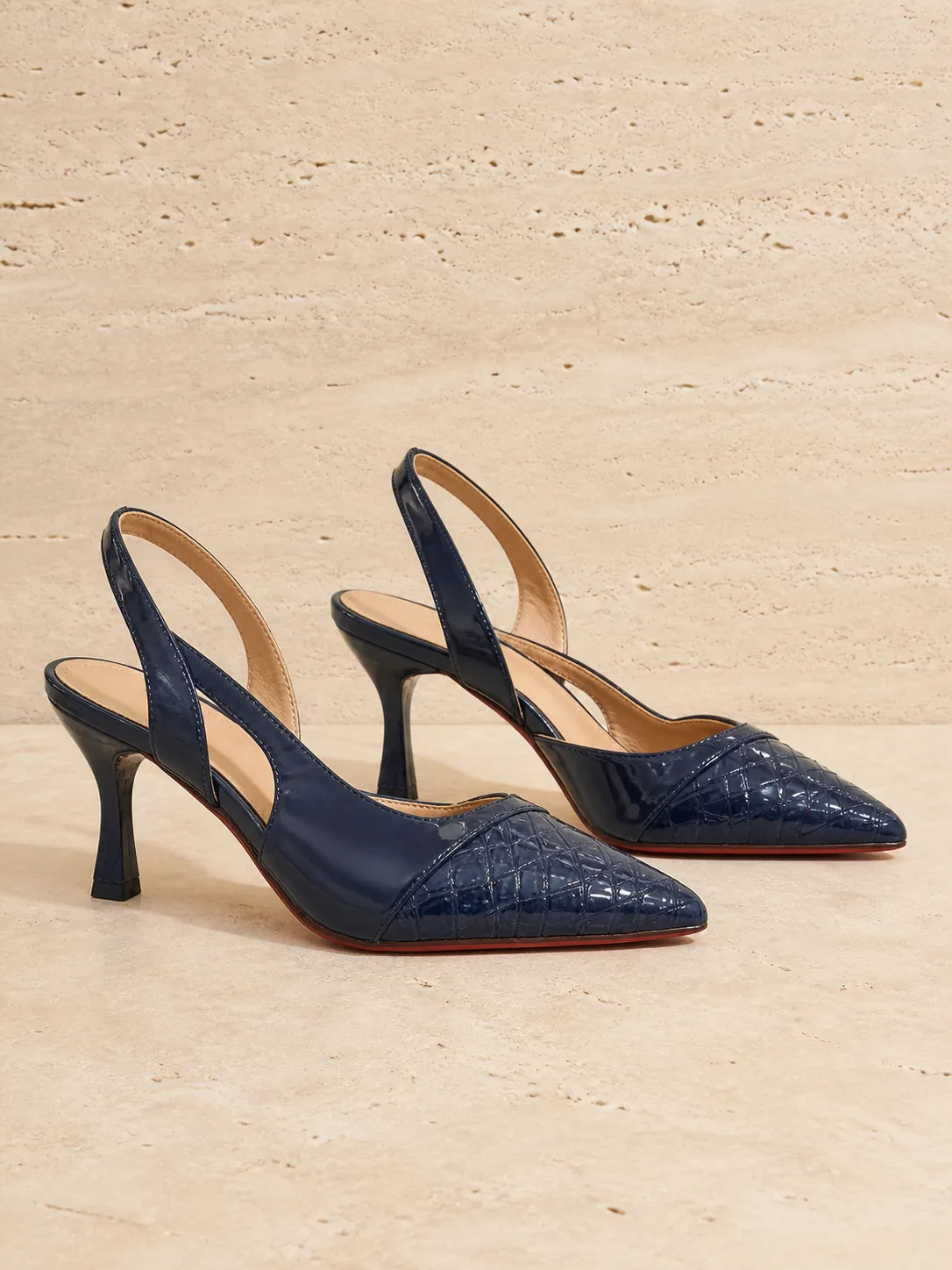 NAVY CROC EFFECT POINTED SLINGBACK HEELS PRODUCT149