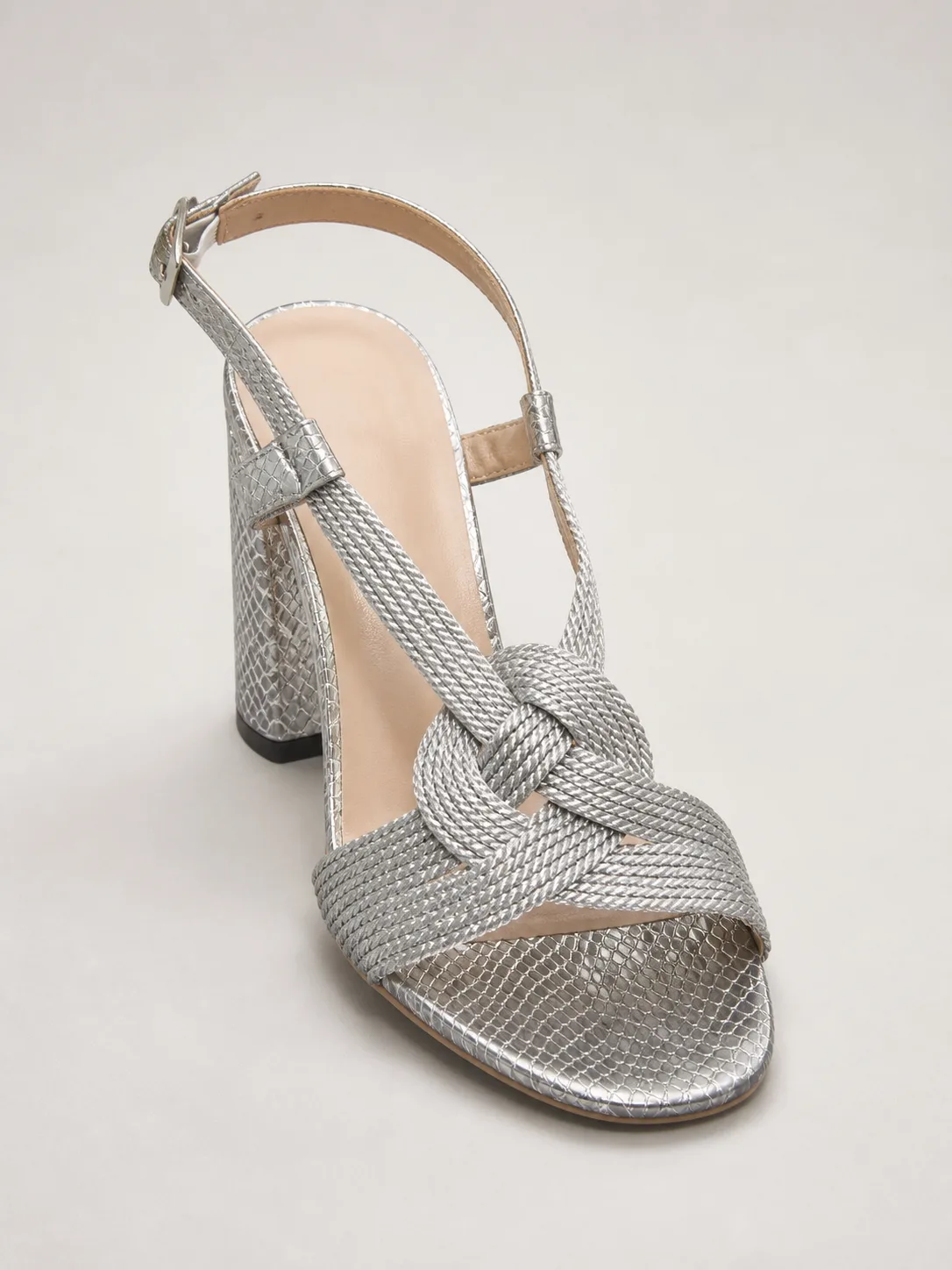 SILVER BRAIDED KNOT BLOCK HEEL SANDALS PRODUCT340