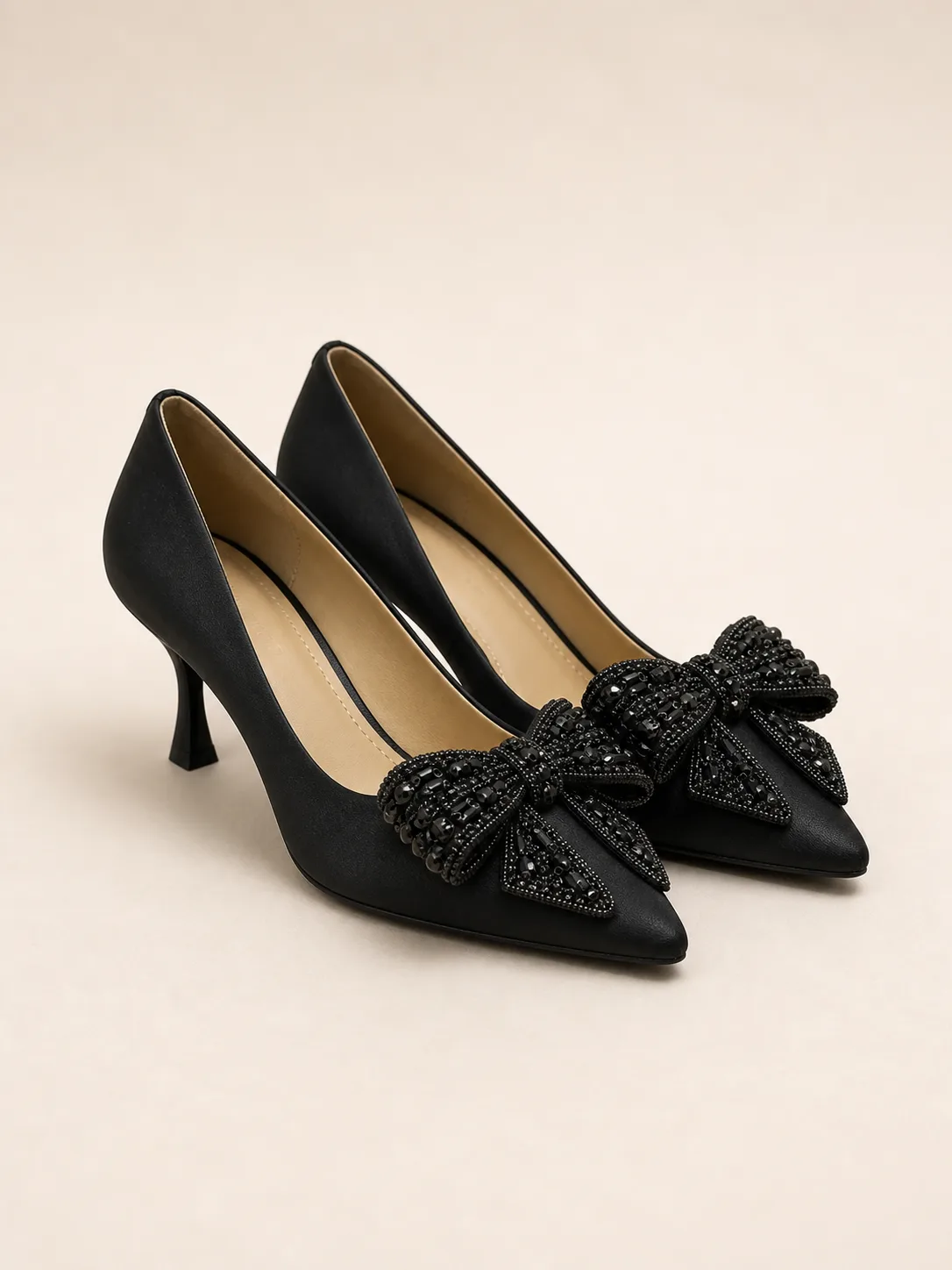 BLACK SATIN CRYSTAL BOW KITTEN PUMPS PRODUCT95