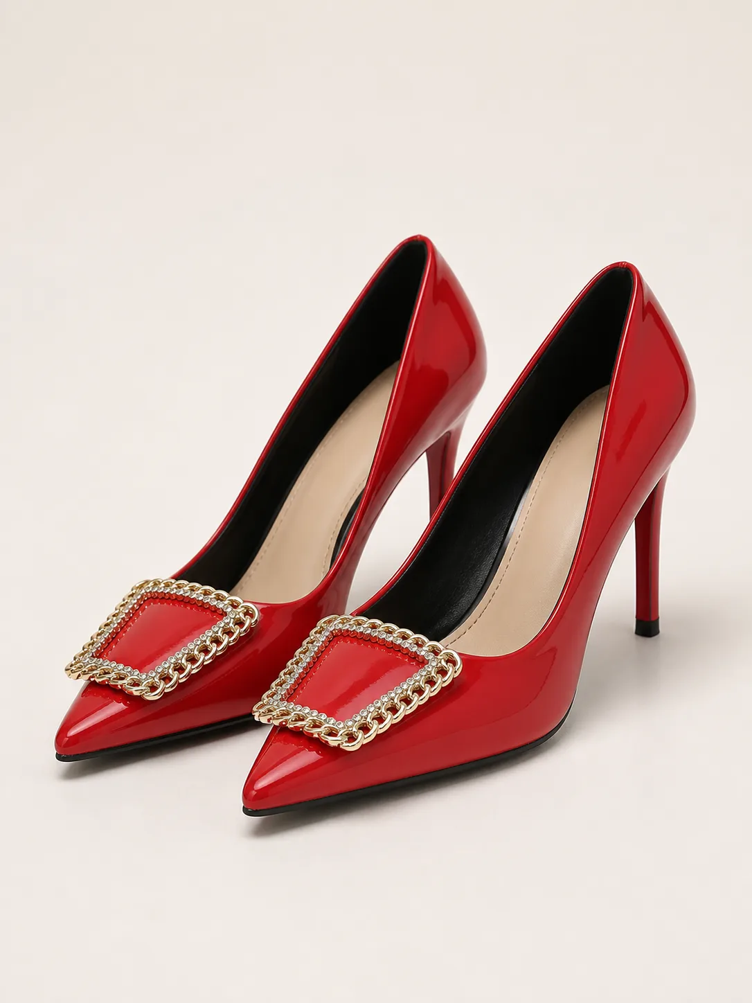 RED PATENT GOLD CHAIN BUCKLE STILETTO PUMPS PRODUCT78