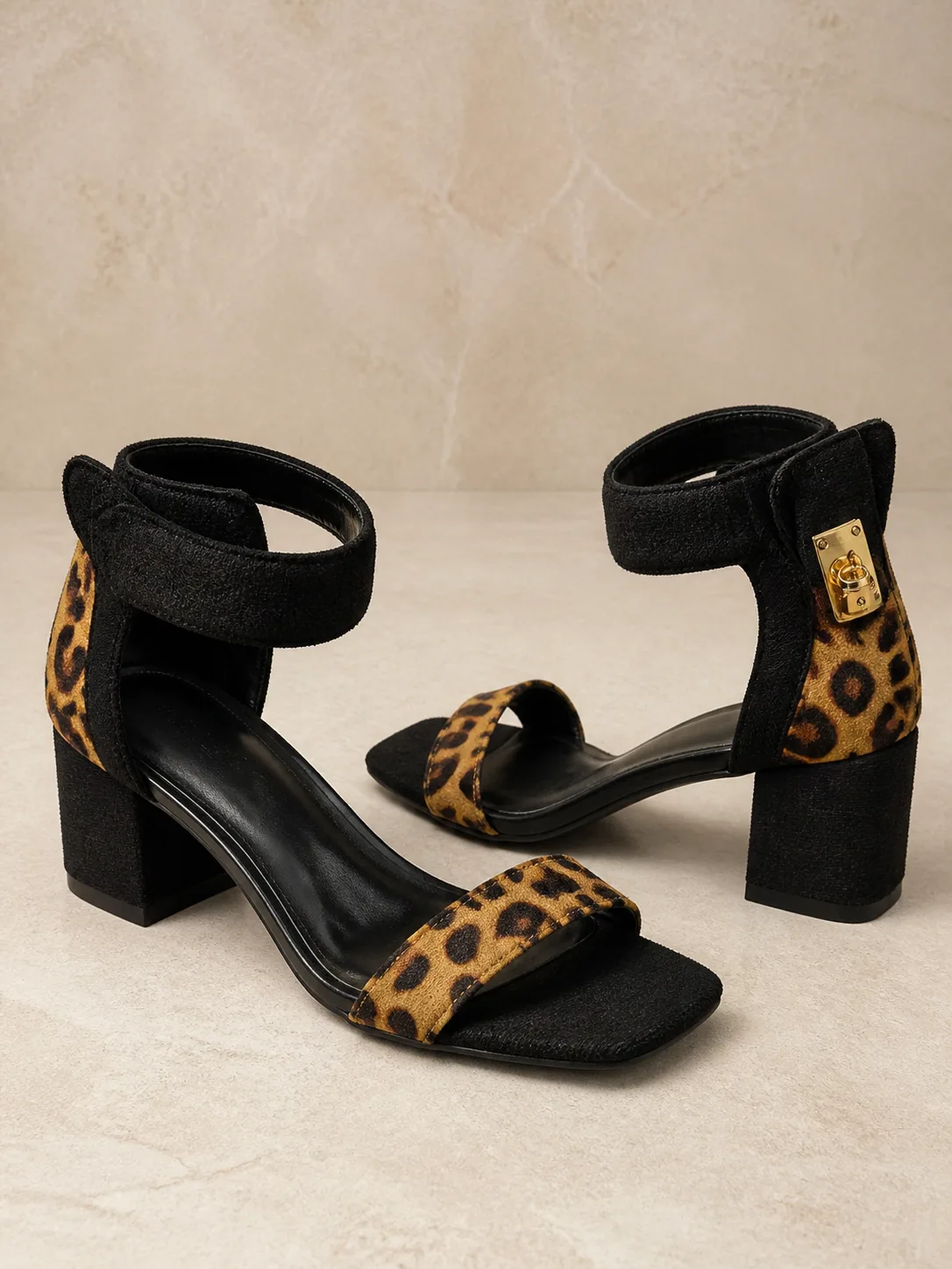 BLACK LEOPARD CUFF BLOCK HEEL SANDALS PRODUCT301