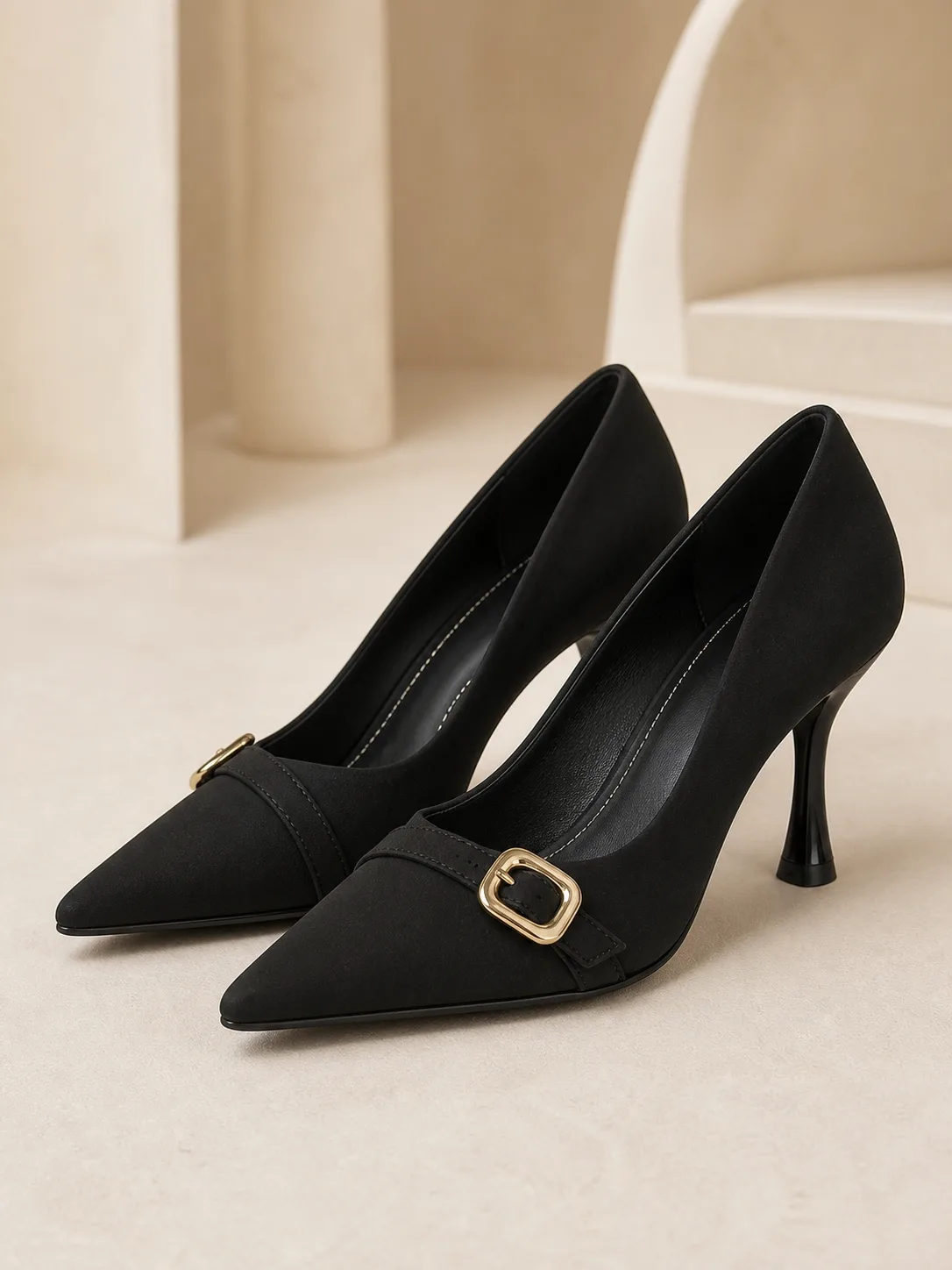 BLACK GOLD RECTANGLE BUCKLE POINTED PUMPS PRODUCT150B