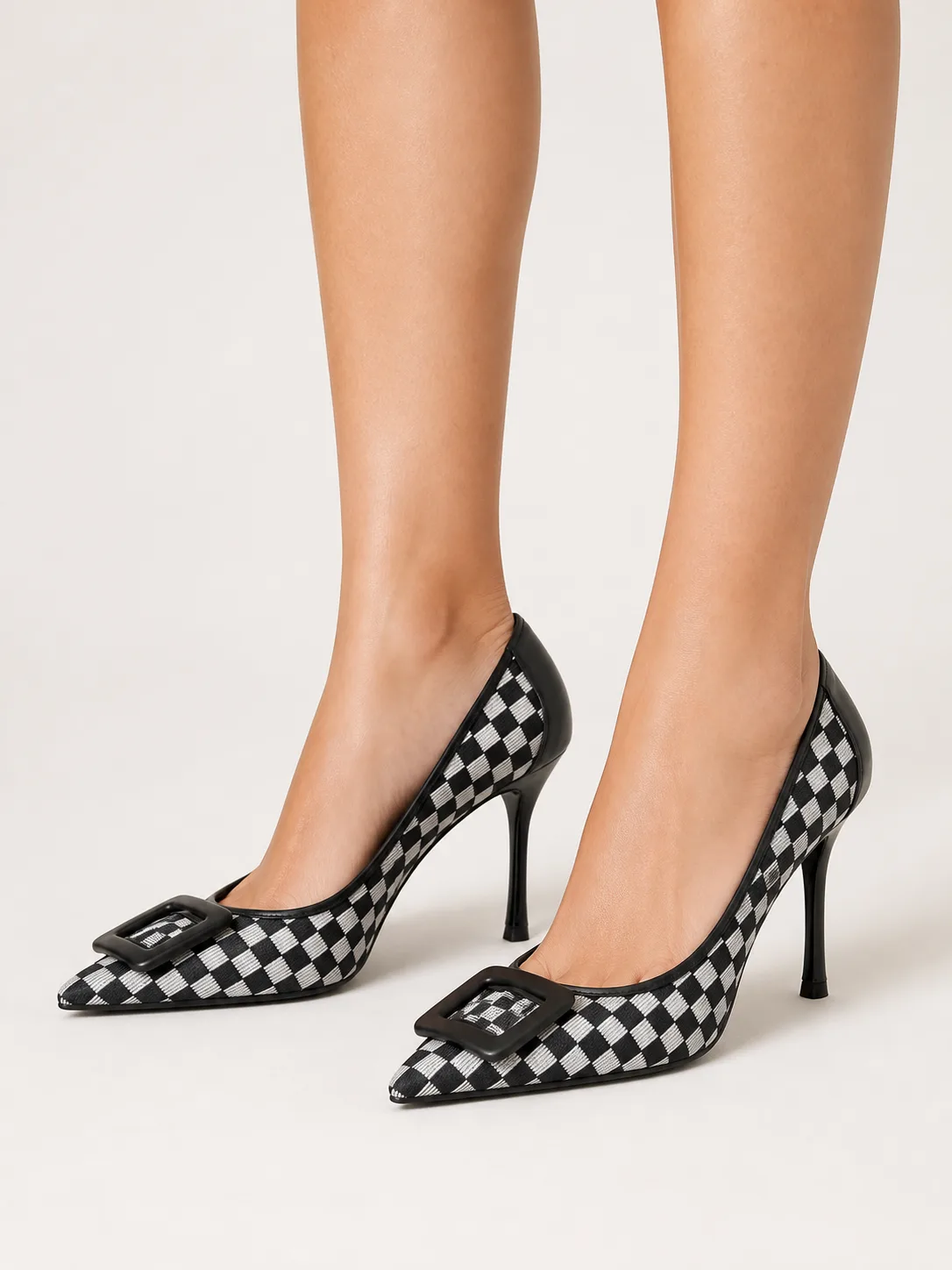 BLACK WHITE CHECK BUCKLE STILETTO PUMPS PRODUCT79 — photo 1