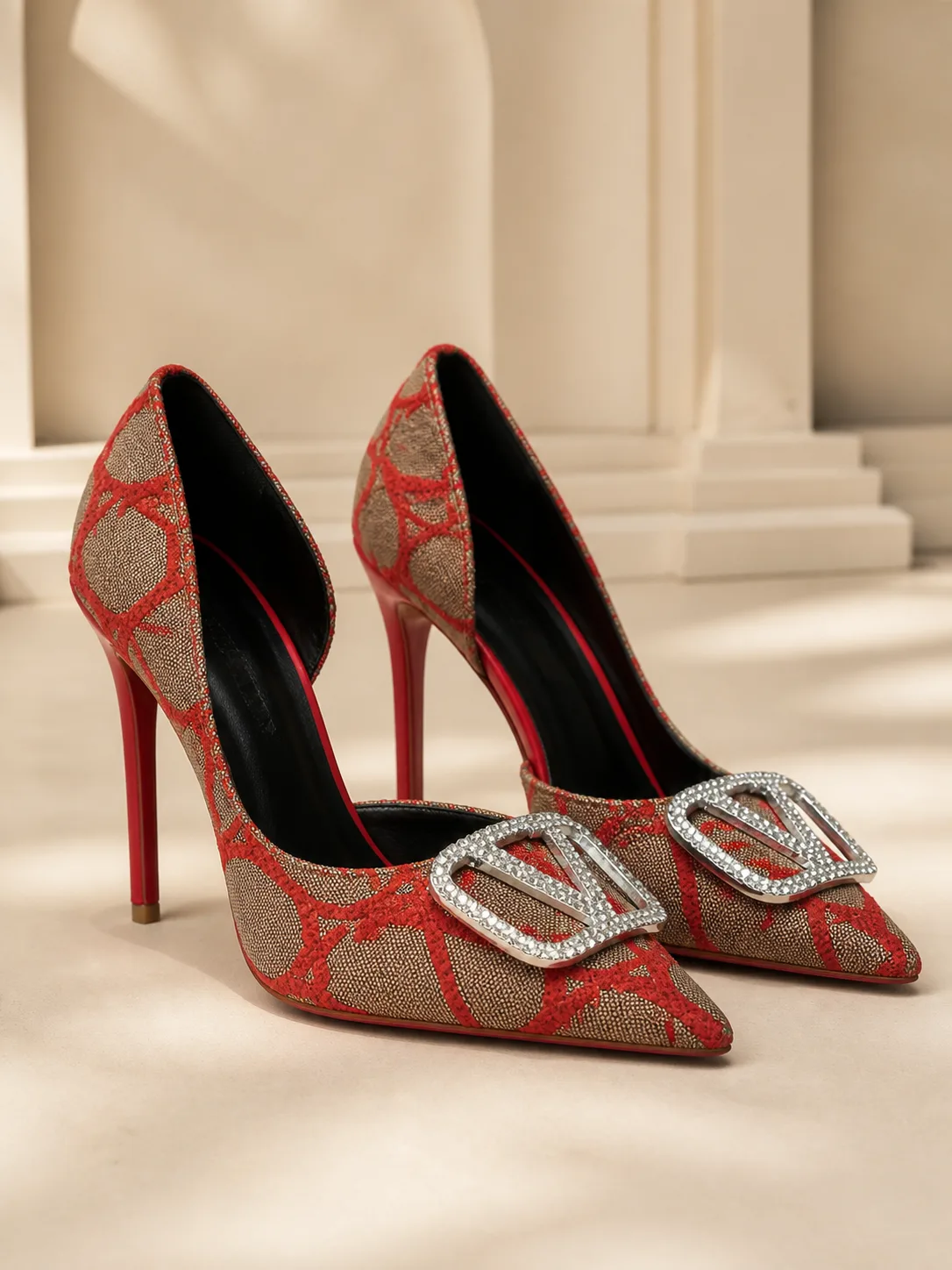 RED MONOGRAM PRINT CRYSTAL BUCKLE PUMPS PRODUCT146B