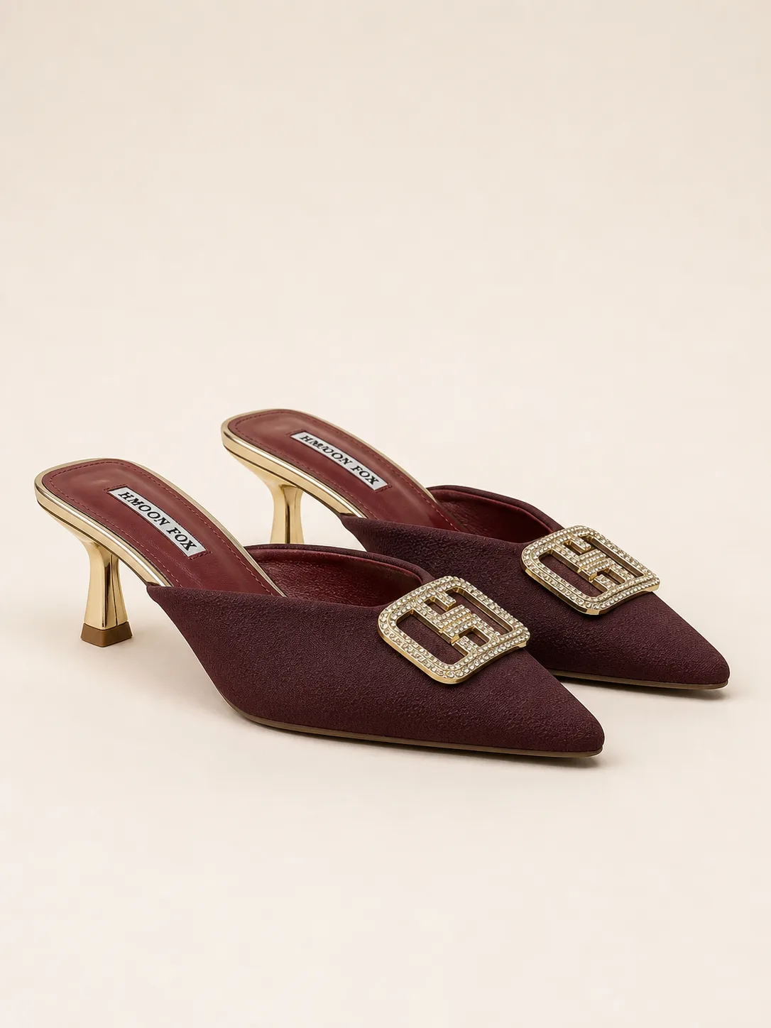 MAROON SATIN GOLD CRYSTAL BUCKLE KITTEN MULES PRODUCT36