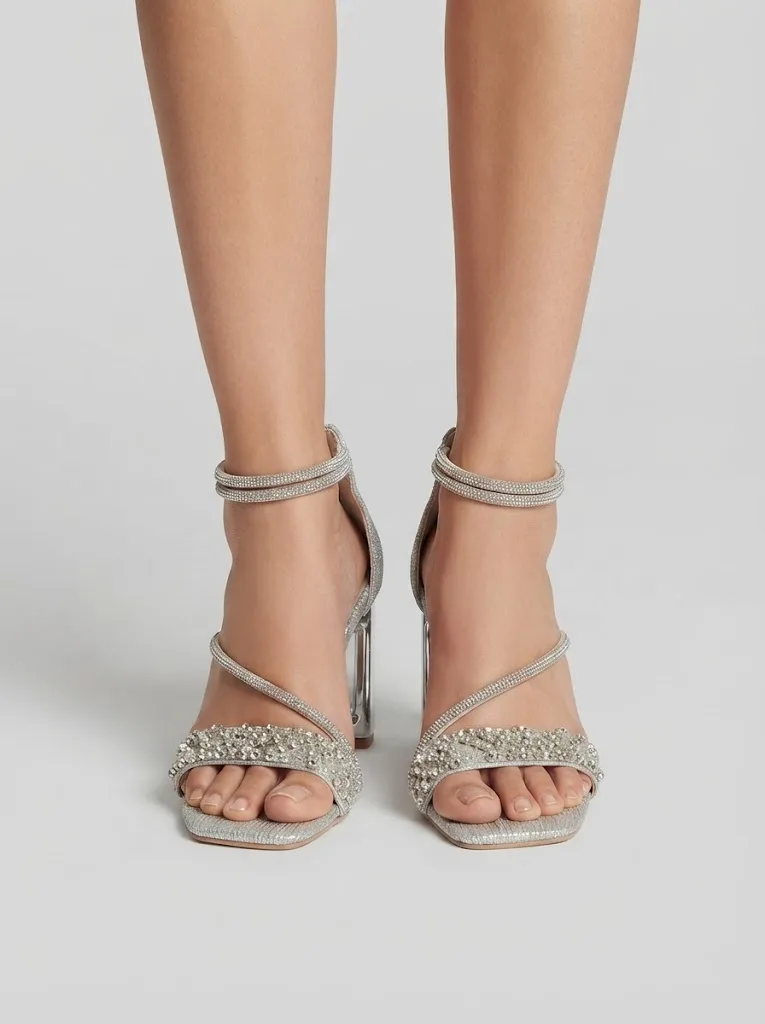 SILVER BEADED CLUSTER STILETTO SANDALS 4029