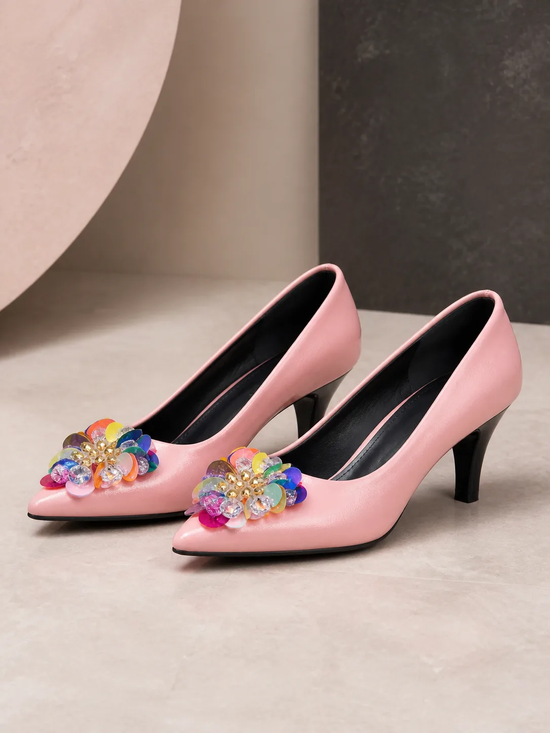 PINK SEQUIN FLOWER KITTEN HEEL PUMPS PRODUCT168