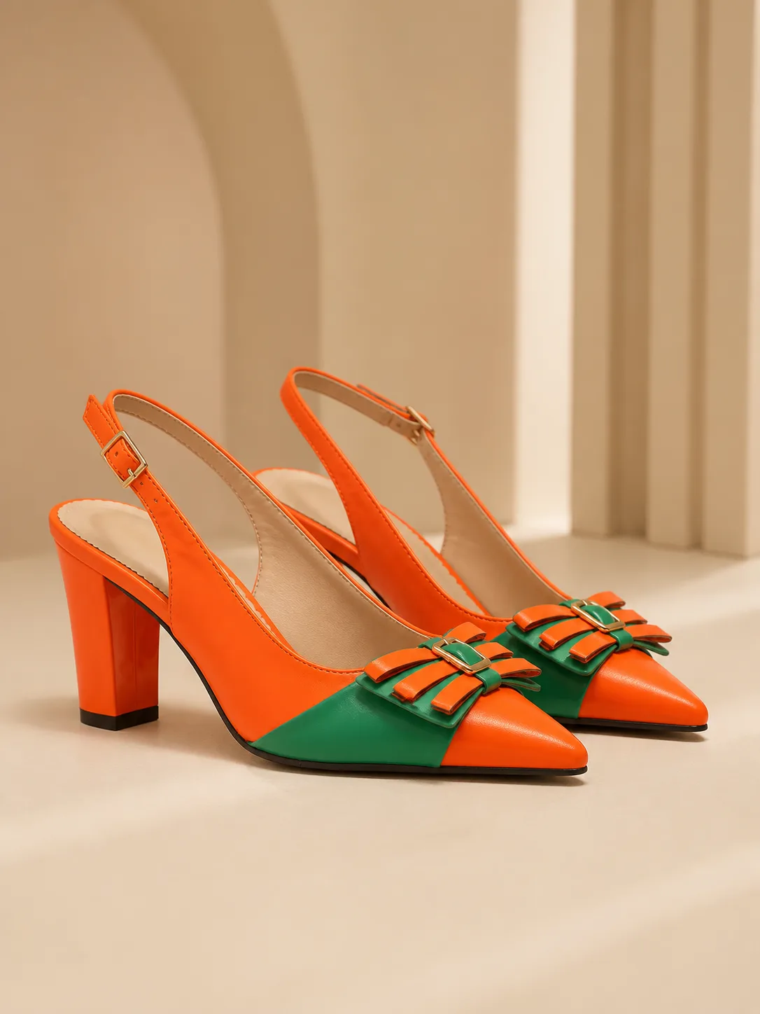 ORANGE GREEN COLOUR BLOCK SLINGBACK PUMPS PRODUCT135B