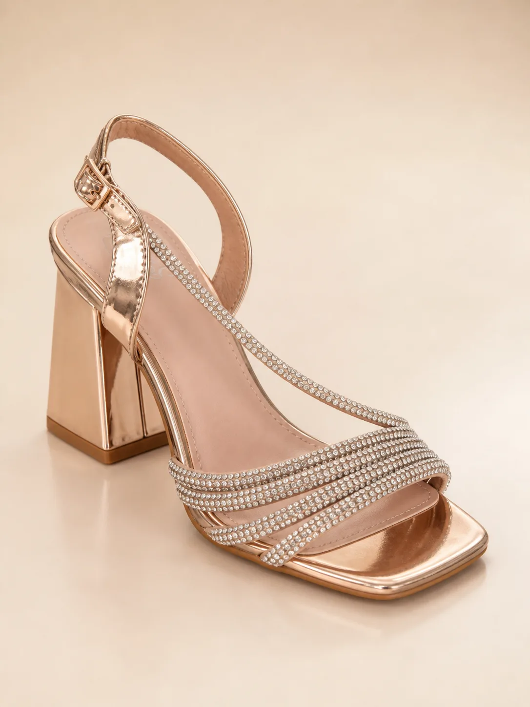 ROSE GOLD RHINESTONE STRAND BLOCK SANDALS PRODUCT330
