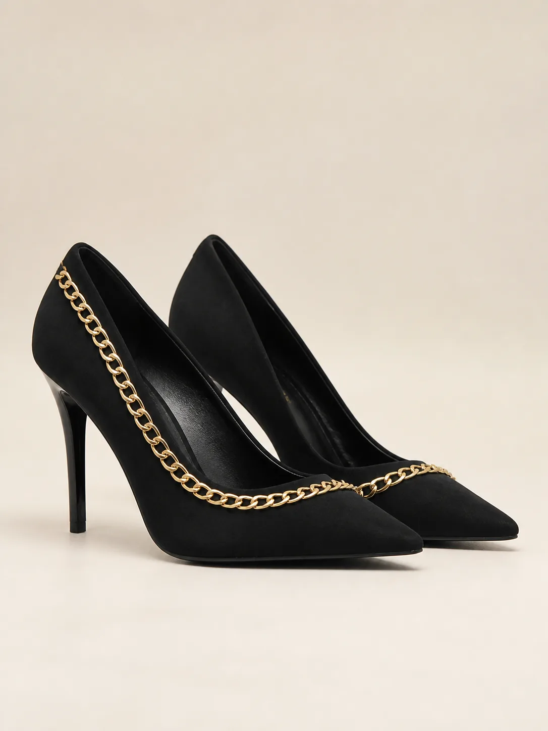 BLACK SUEDE GOLD CHAIN TRIM STILETTO PUMPS PRODUCT98
