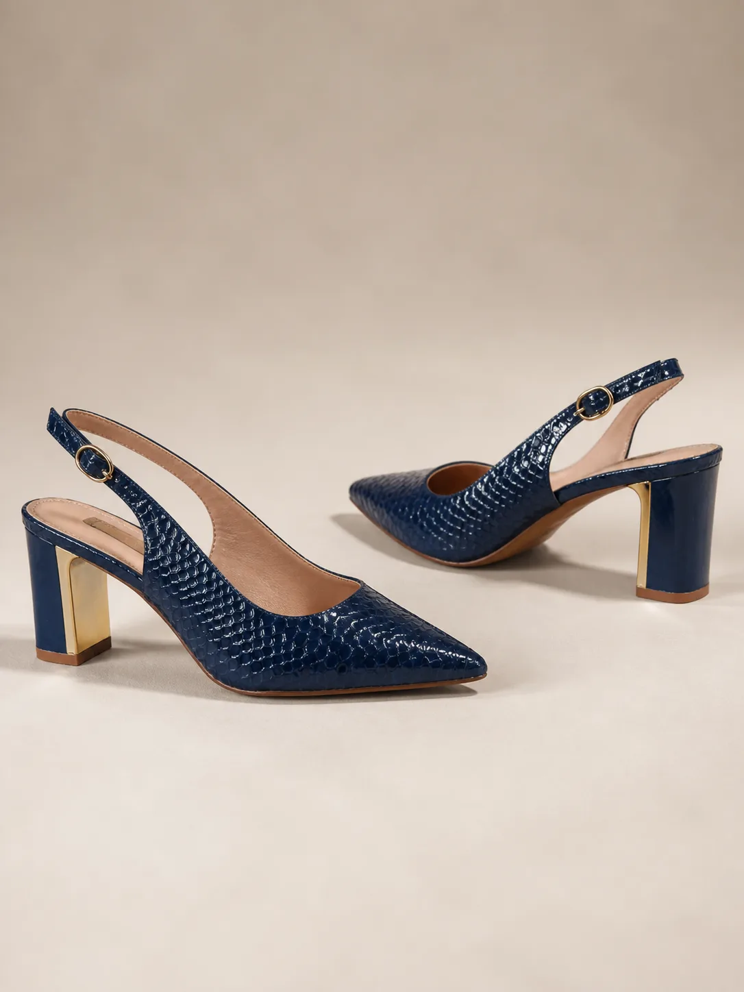 NAVY WOVEN TEXTURE BLOCK SLINGBACK PUMPS PRODUCT151B