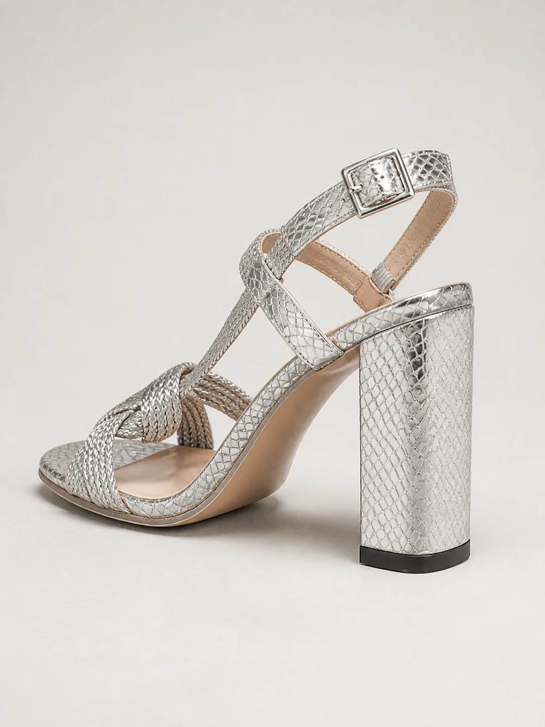SILVER BRAIDED KNOT BLOCK HEEL SANDALS PRODUCT340 — photo 1