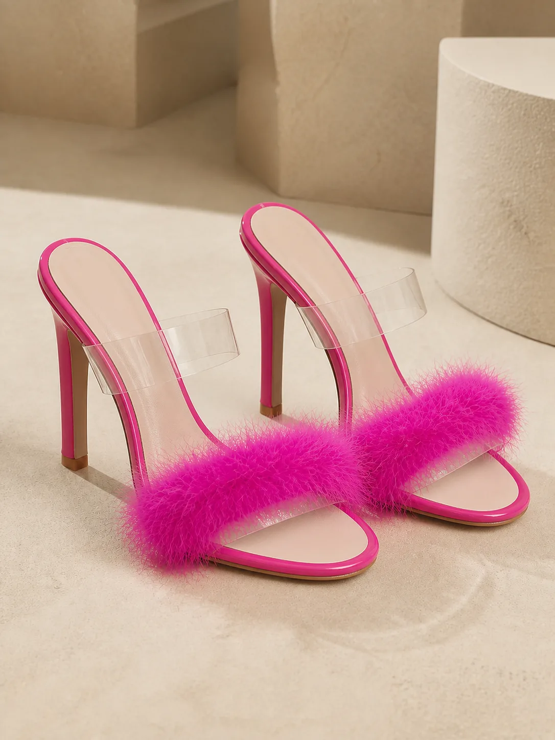 PINK FEATHER TRIM CLEAR BAND MULES PRODUCT338