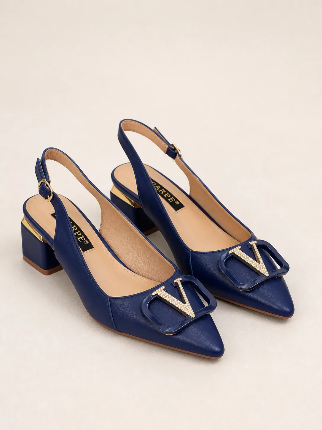 NAVY GOLD BUCKLE SLINGBACK BLOCK HEELS PRODUCT66