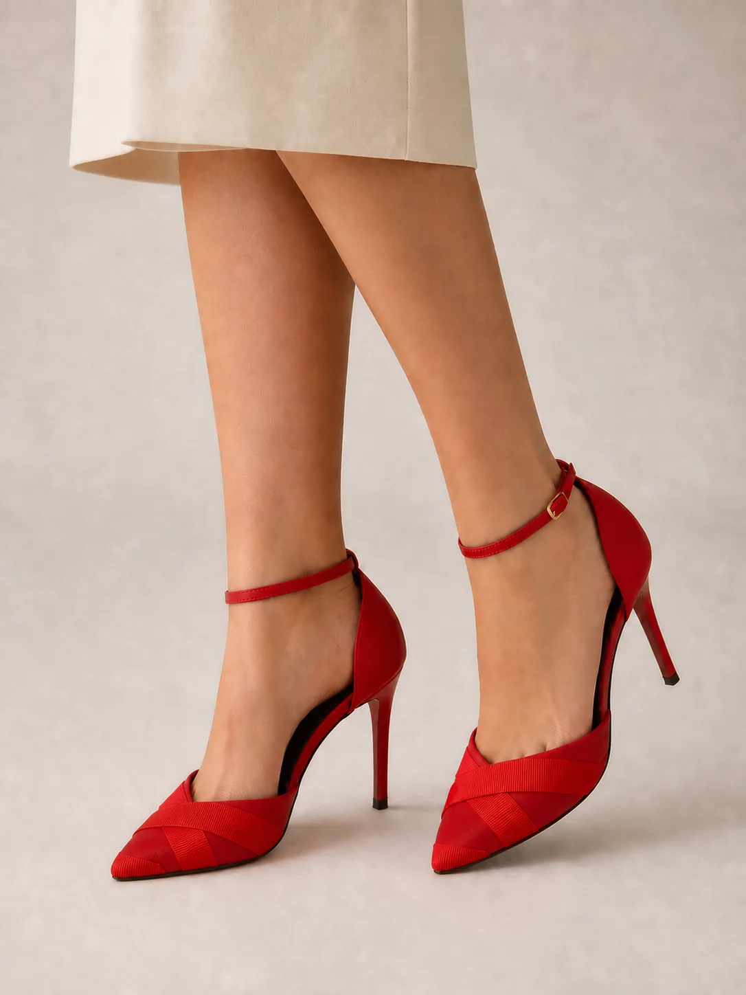 RED SATIN PLEATED ANKLE STRAP STILETTOS PRODUCT175 — photo 1