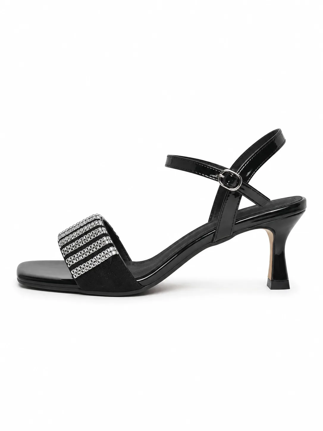 BLACK RHINESTONE STRIPE FLARED HEEL SANDALS 223 — photo 1