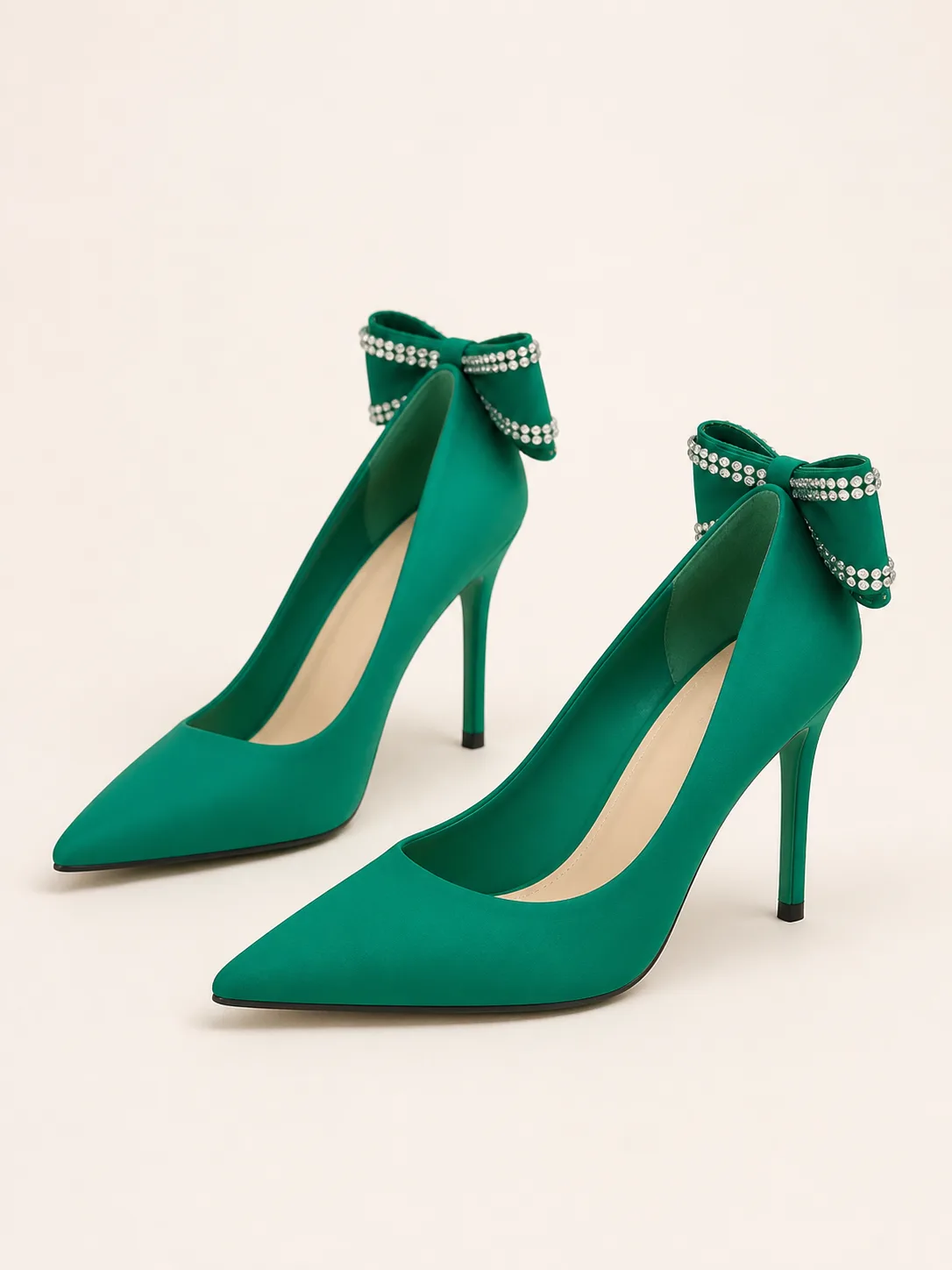 GREEN SATIN PEARL ANKLE BOW STILETTO PUMPS PRODUCT101
