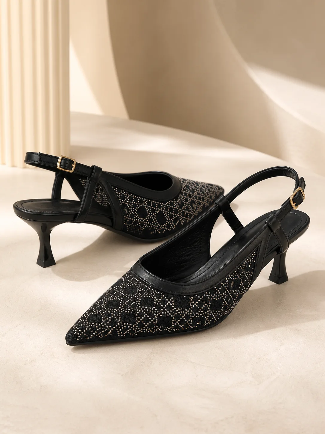 BLACK MESH GOLD STUD SLINGBACK HEELS PRODUCT210