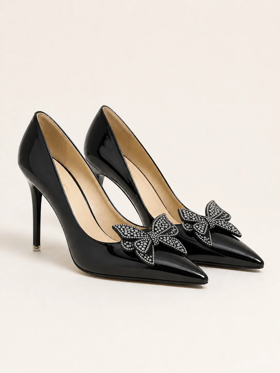 BLACK PATENT CRYSTAL BOW STILETTO PUMPS PRODUCT104