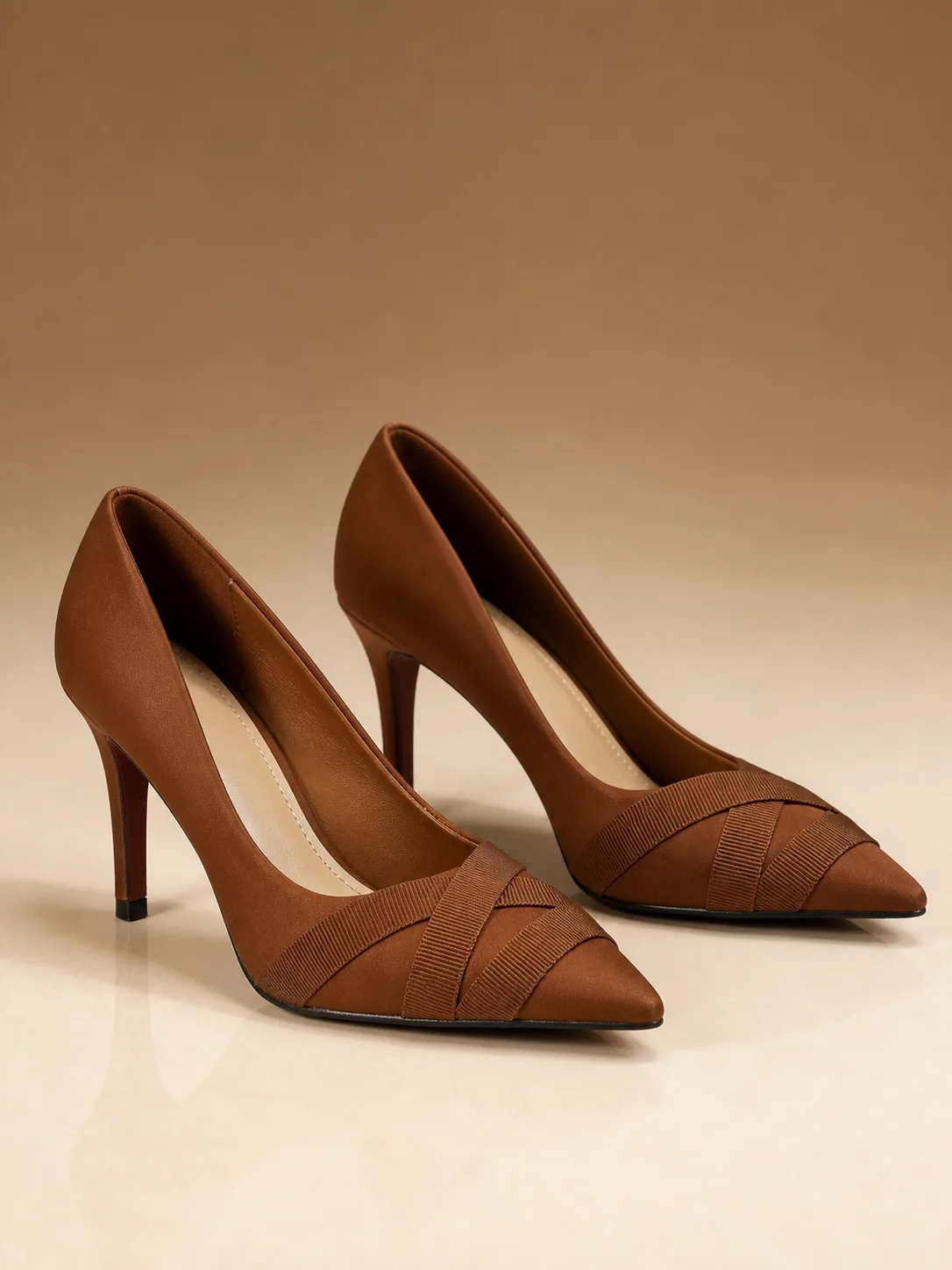 TAN PLEATED VAMP POINTED STILETTO PUMPS PRODUCT124