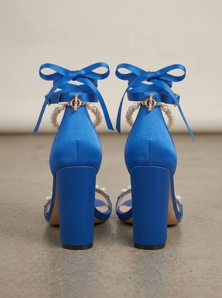 BLUE SATIN PEARL BLOCK HEEL SANDALS 216 — photo 1