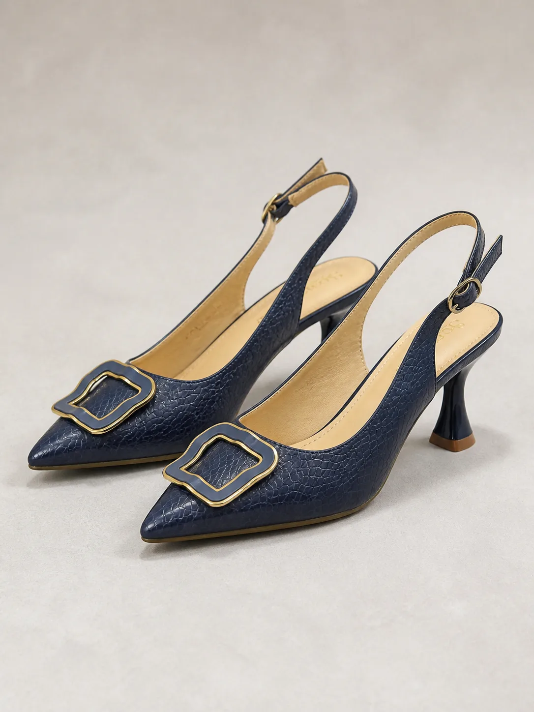 NAVY TEXTURED GOLD BUCKLE SLINGBACK HEELS PRODUCT5