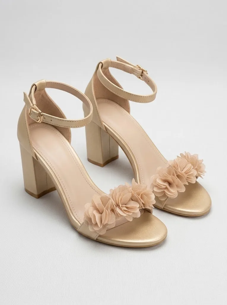 NUDE TULLE FLOWER BLOCK HEEL SANDALS 405 — photo 1