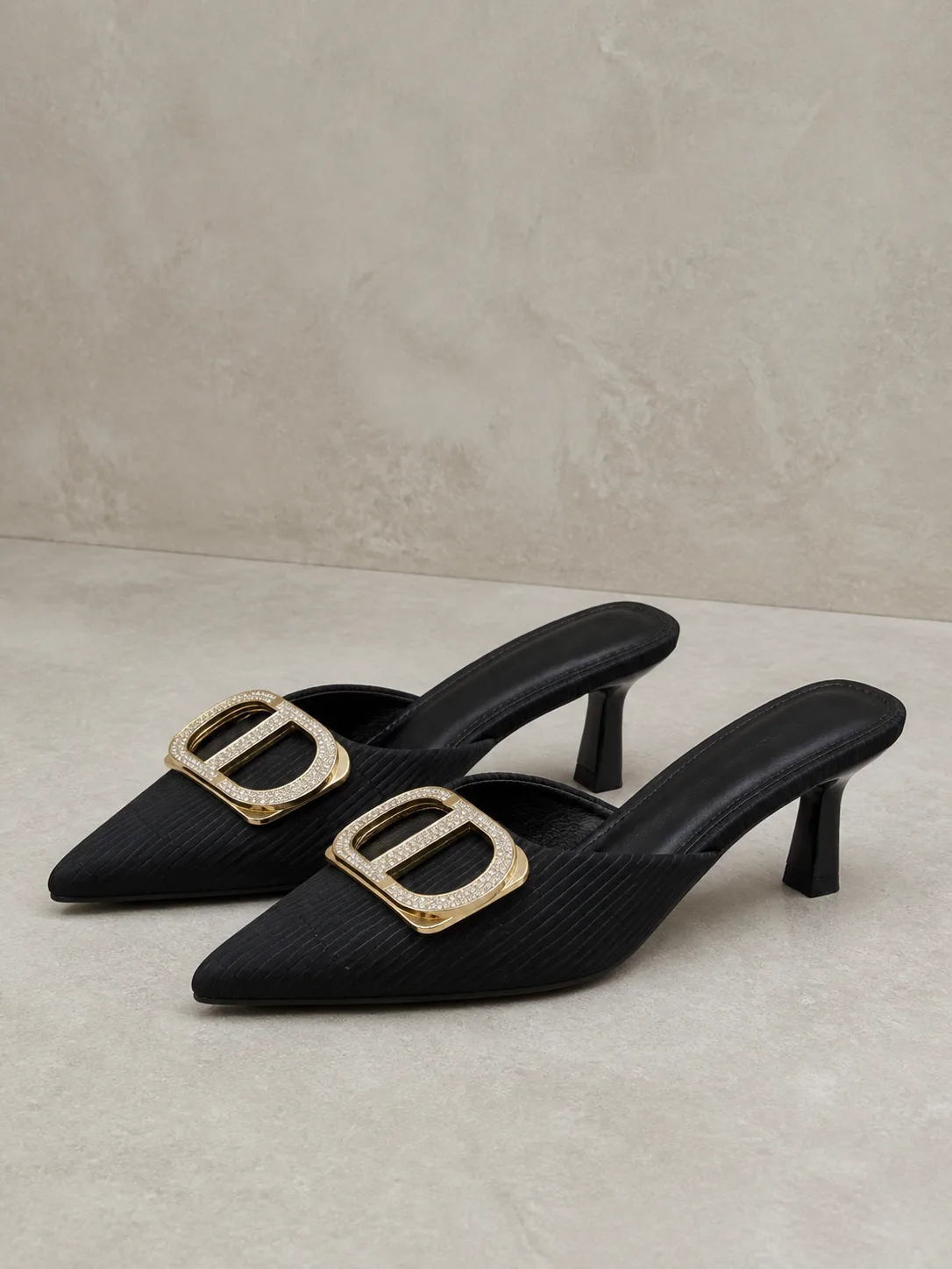 BLACK GOLD BUCKLE POINTED MULE HEELS PRODUCT10