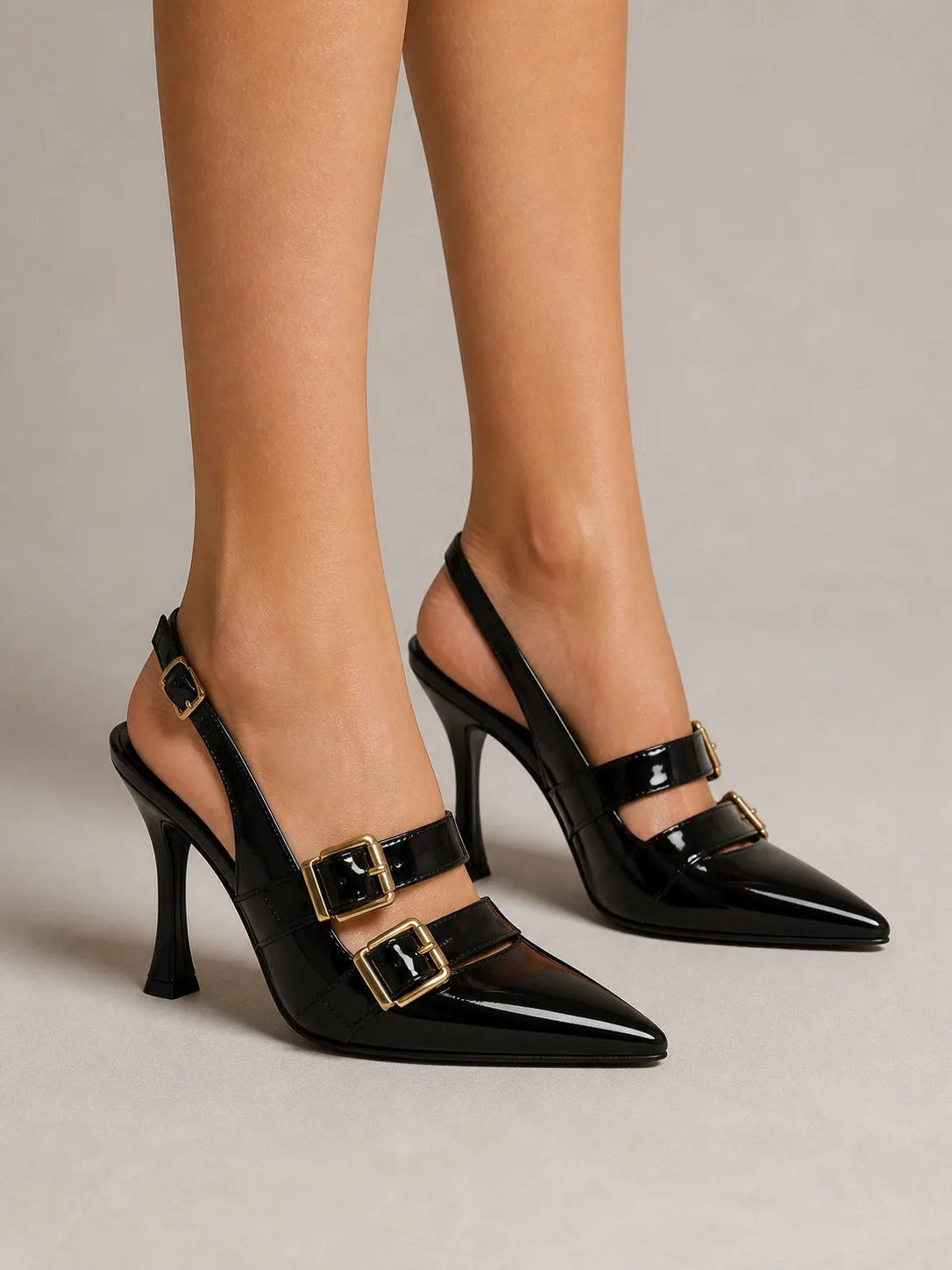 BLACK PATENT GOLD BUCKLE STRAP SLINGBACKS PRODUCT87 — photo 1