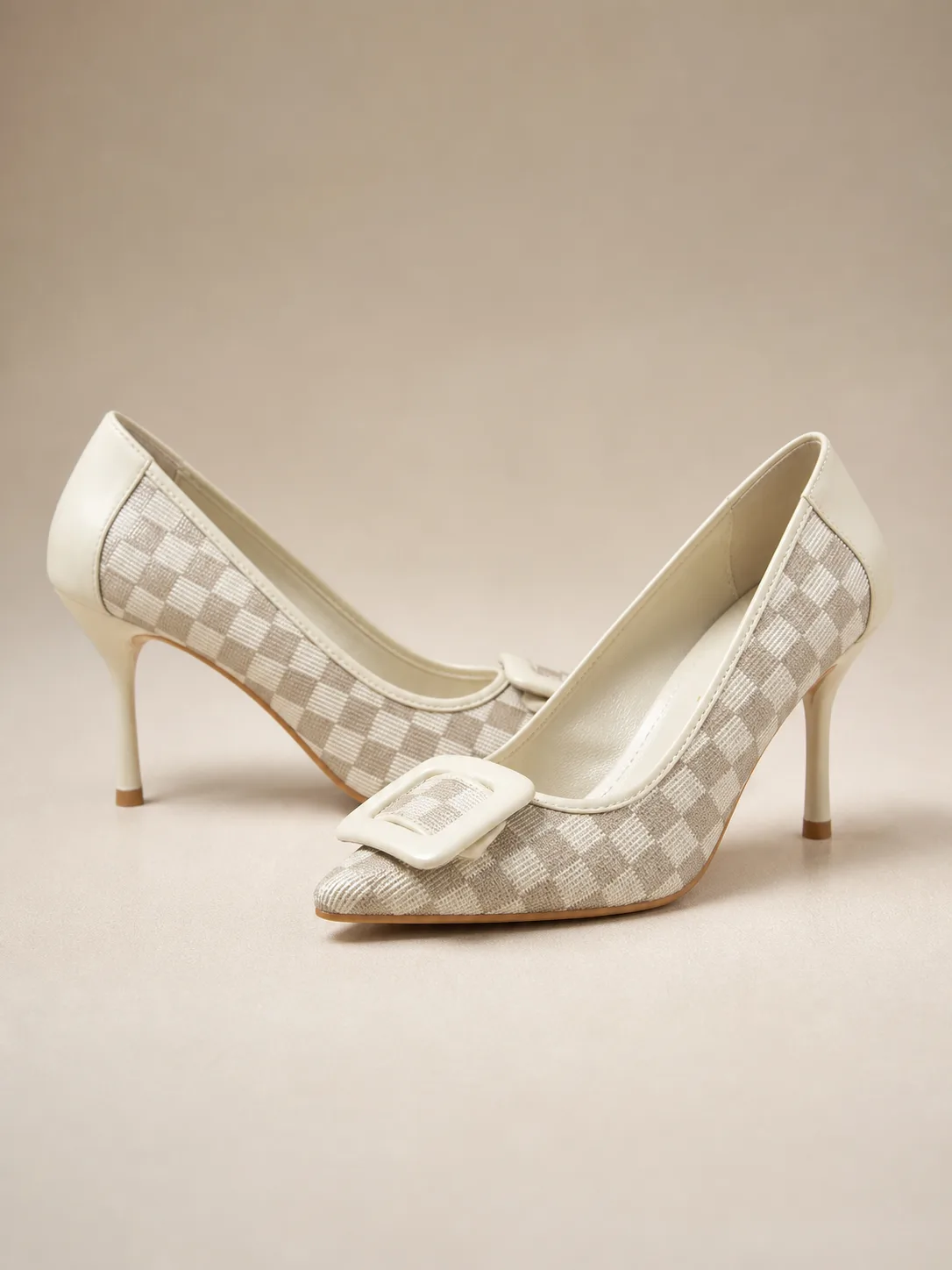 IVORY CHECK CRYSTAL BUCKLE STILETTO PUMPS PRODUCT115
