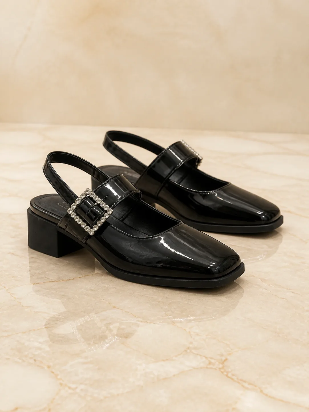 BLACK PATENT CRYSTAL BUCKLE SLINGBACKS PRODUCT113B