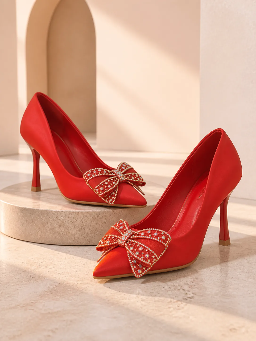 RED STUDDED BOW POINTED STILETTO PUMPS PRODUCT295