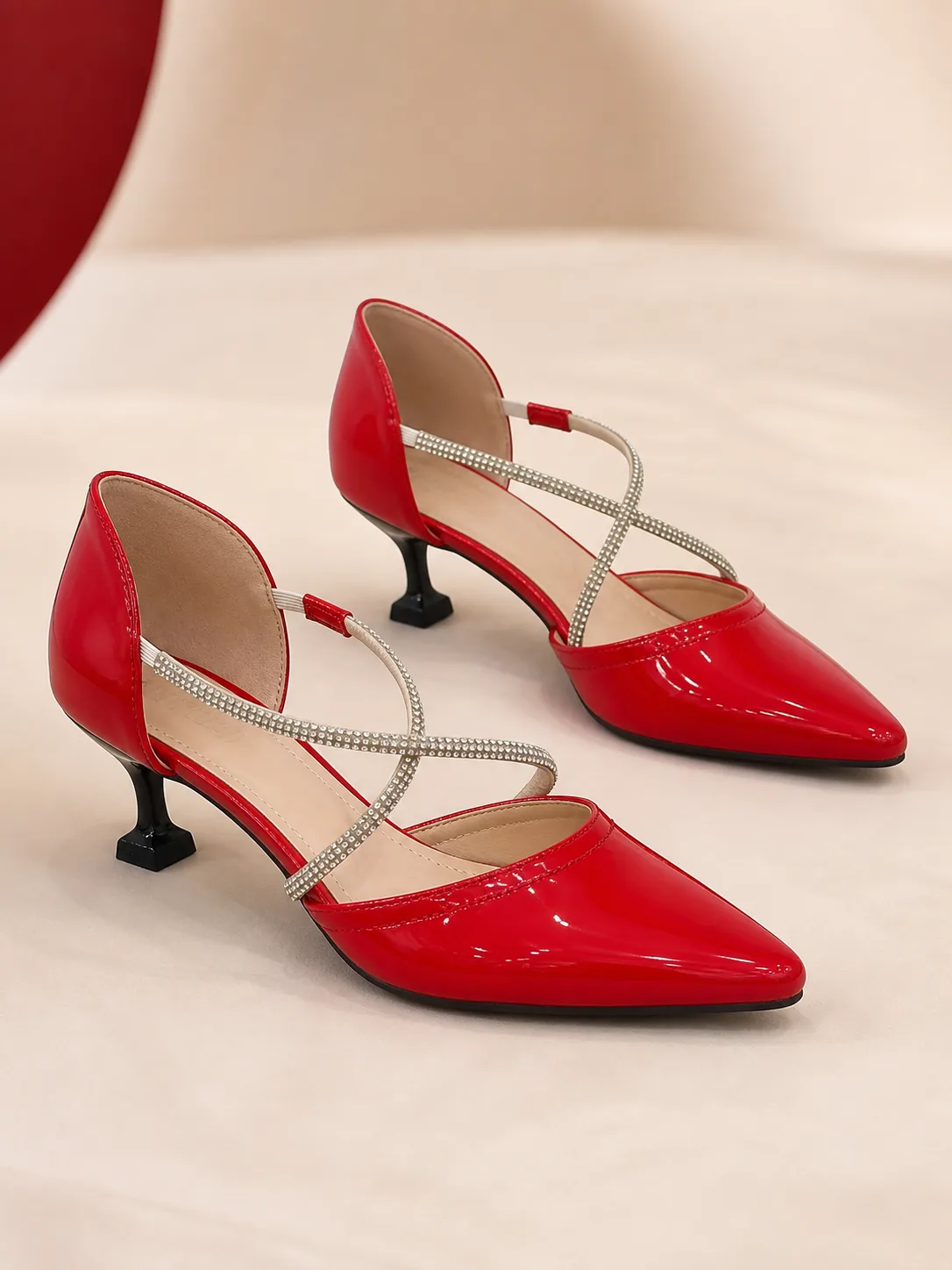 RED PATENT CRYSTAL CROSS STRAP HEELS PRODUCT173