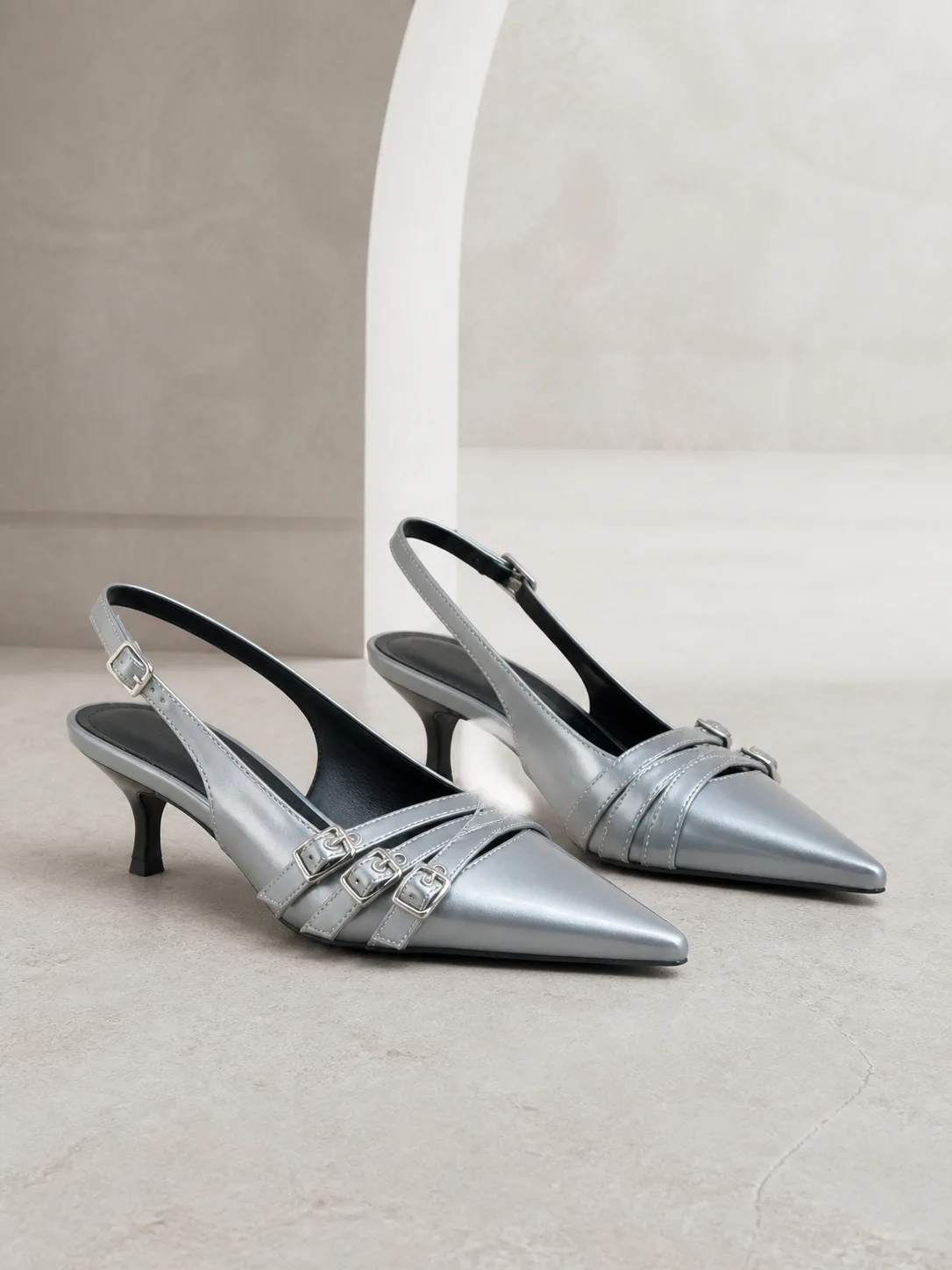 SILVER METALLIC CRYSTAL BUCKLE SLINGBACKS 179