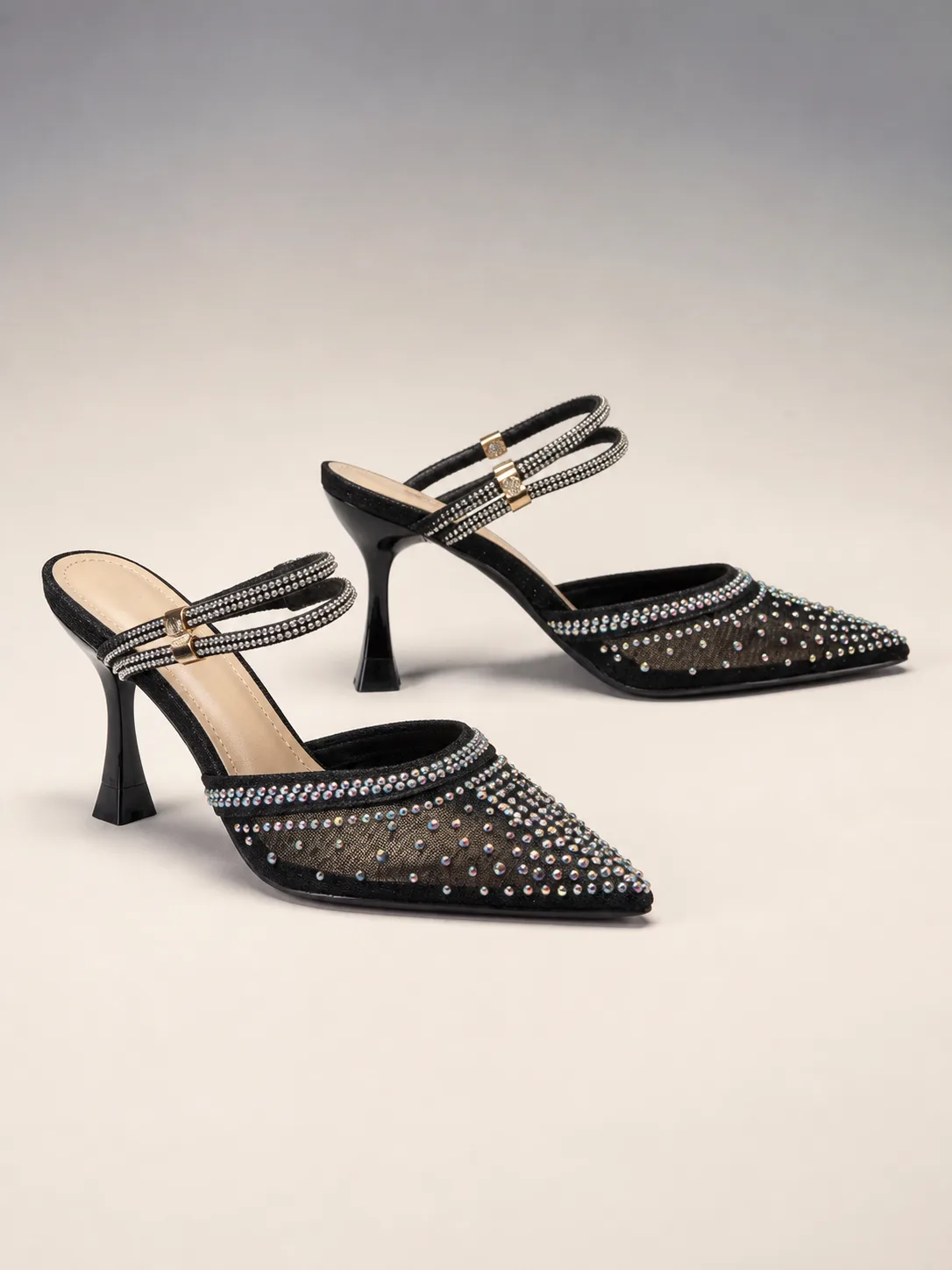 BLACK MESH CRYSTAL SCATTER POINTED MULES PRODUCT152B