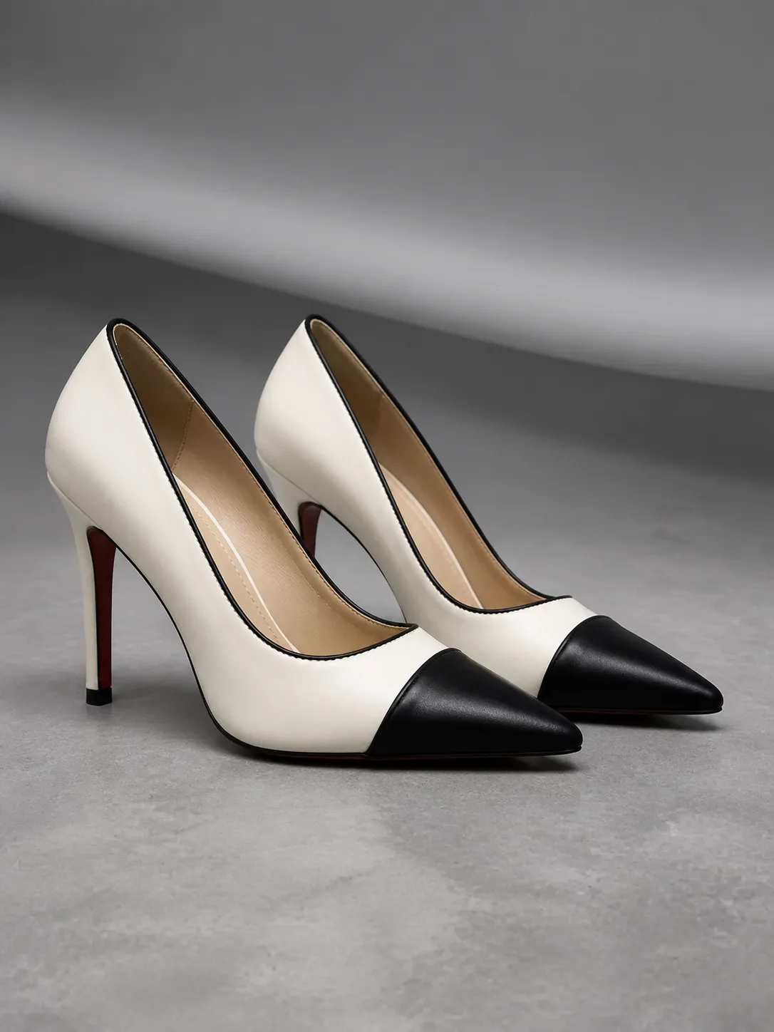 IVORY BLACK TOE CAP STILETTO PUMPS PRODUCT293