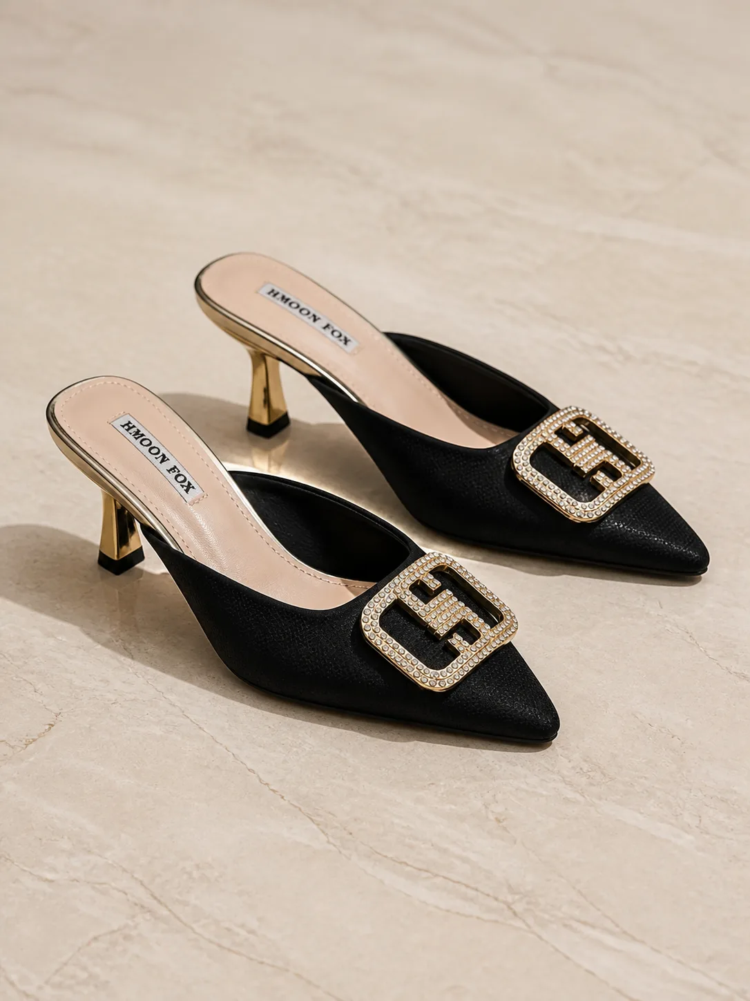 BLACK SATIN GOLD CRYSTAL BUCKLE MULES PRODUCT217