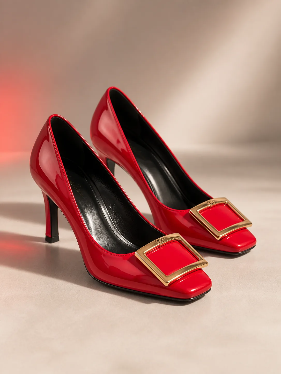 RED PATENT GOLD BUCKLE SQUARE TOE PUMPS PRODUCT132