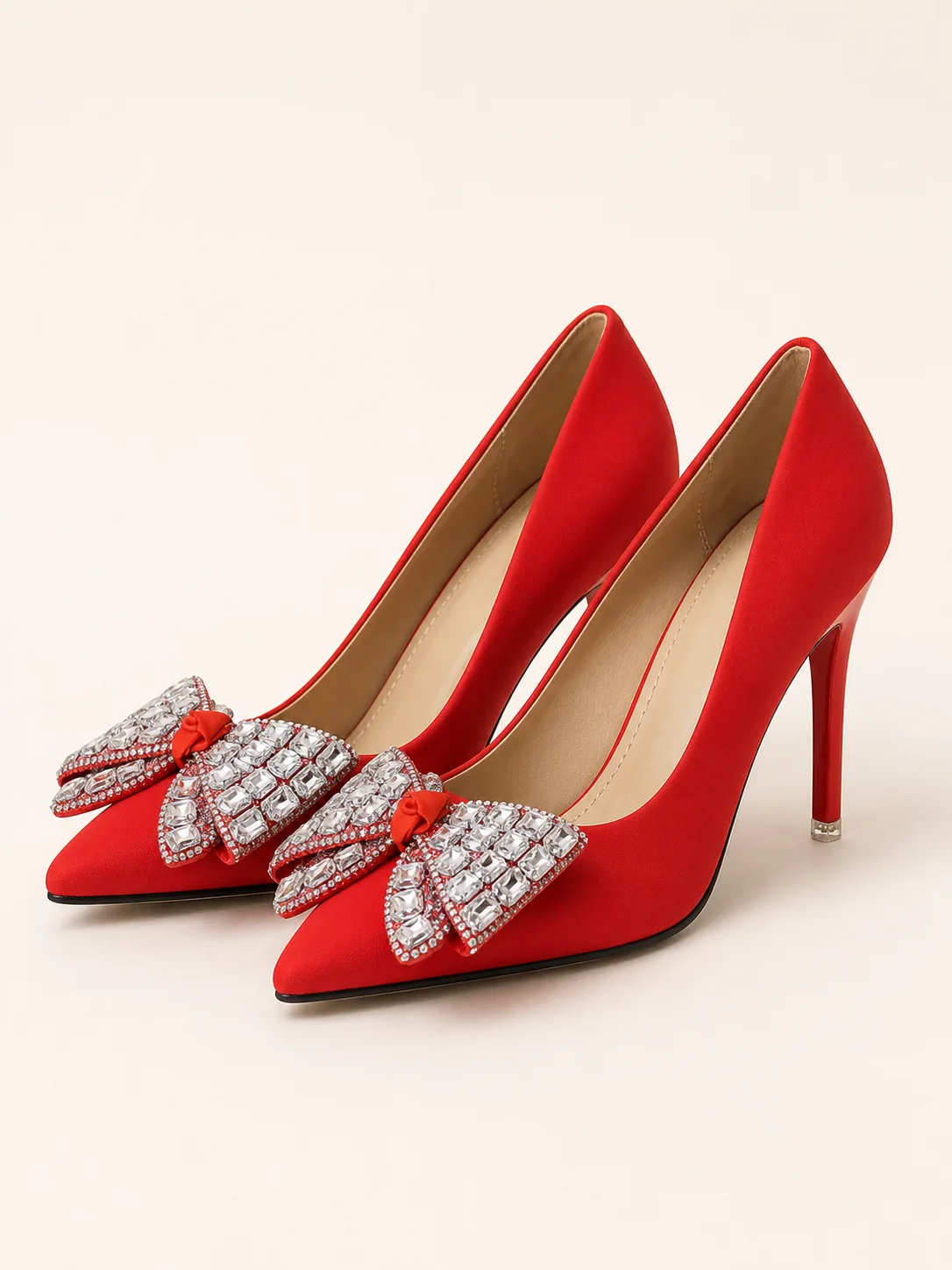 RED SATIN JEWELLED BOW STILETTO PUMPS PRODUCT61